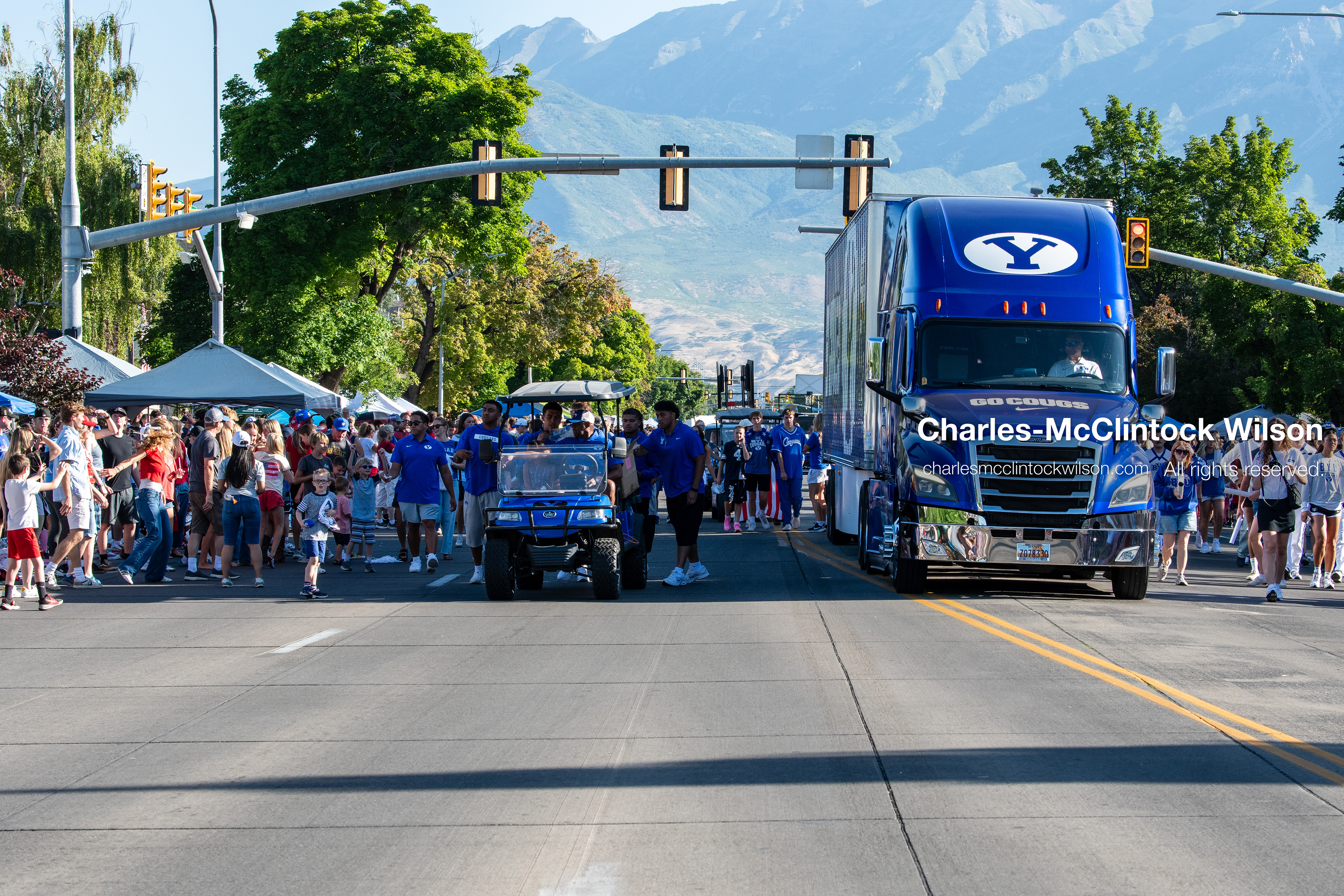 July 4, 2026, Provo, Utah, USA: A blue Brigham Young University (BYU) semi-truck drives along the route during America's Freedom Festival Grand Parade in Provo, Utah, Saturday, July 4, 2026. The annual Independence Day event features expanded programming to honor the 250th anniversary of United States independence. (Credit Image: © Charles-McClintock Wilson/ZUMA Press Wire)