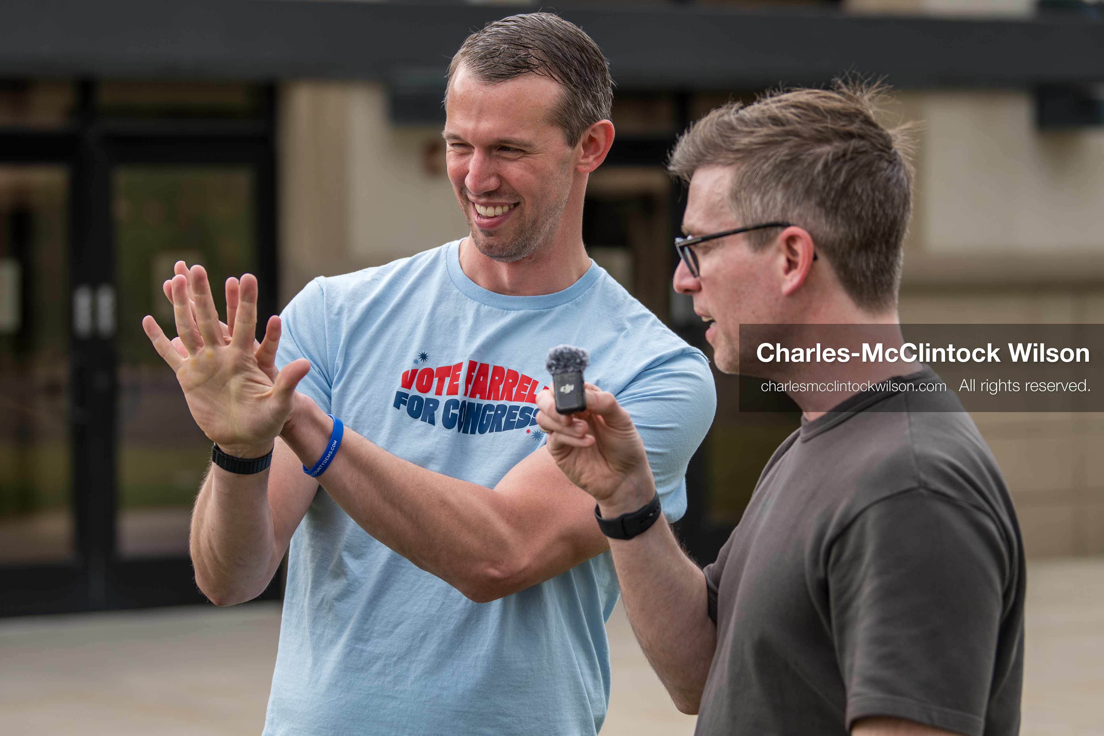 May 13, 2026, Brigham City, Utah, USA: US political satirist and digital creator WALTER MASTERSON interviews Michael Farrell, a candidate for the Democratic nomination in Utah’s 1st Congressional District, outside the Box Elder County Justice Center in Brigham City, Utah, during a gathering over the proposed data‑center project backed by businessman Kevin O’Leary, which has drawn public concern over water use, power demand, and transparency. (Credit Image: © Charles‑McClintock Wilson/ZUMA Press Wire)