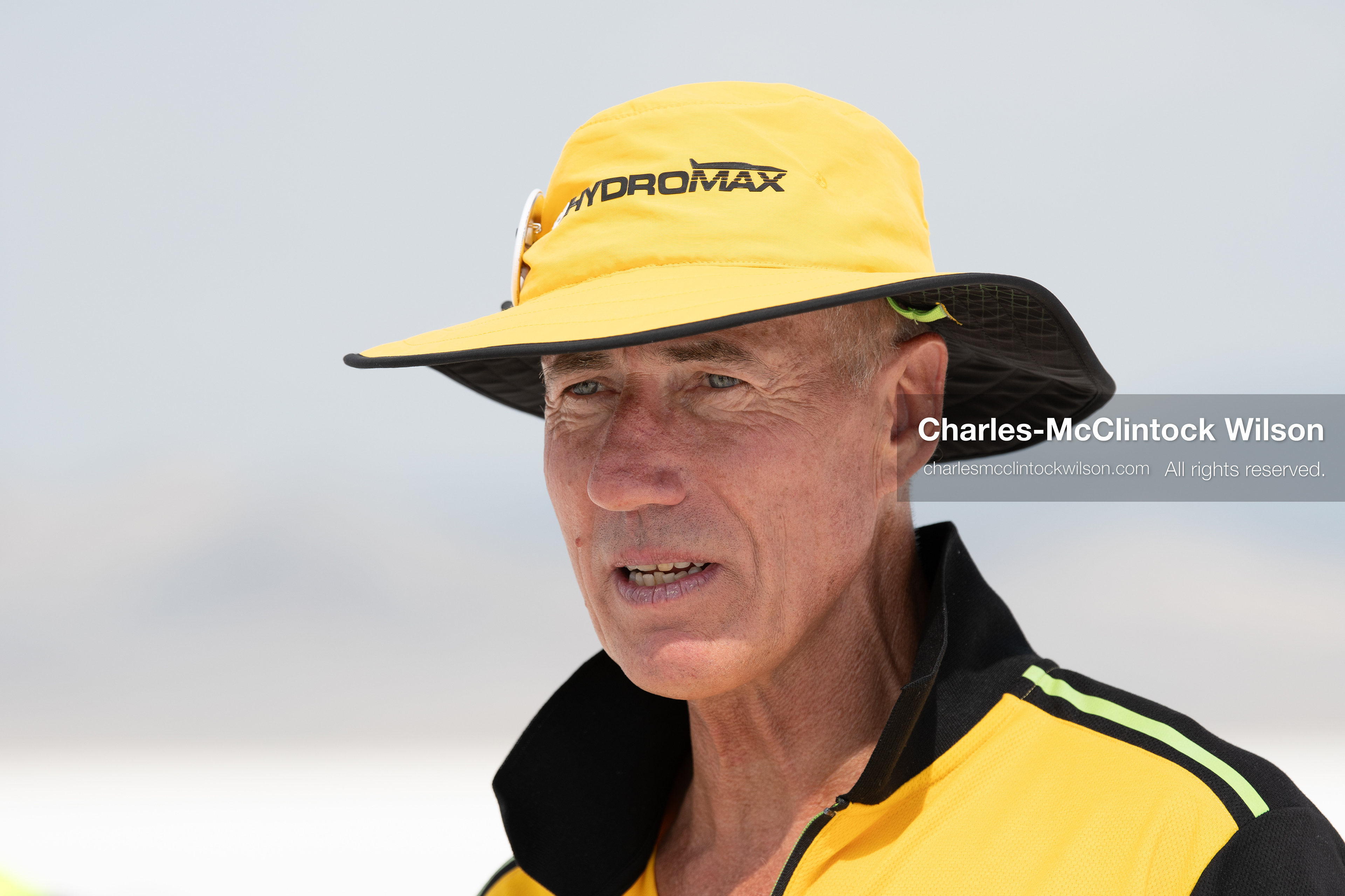 British driver Andy Green speaks during an interview on the Bonneville Salt Flats near Wendover, Utah, on August 11, 2026, as part of the JCB Hydromax hydrogen-powered land-speed record project. (Photo by Charles-McClintock Wilson/NurPhoto)