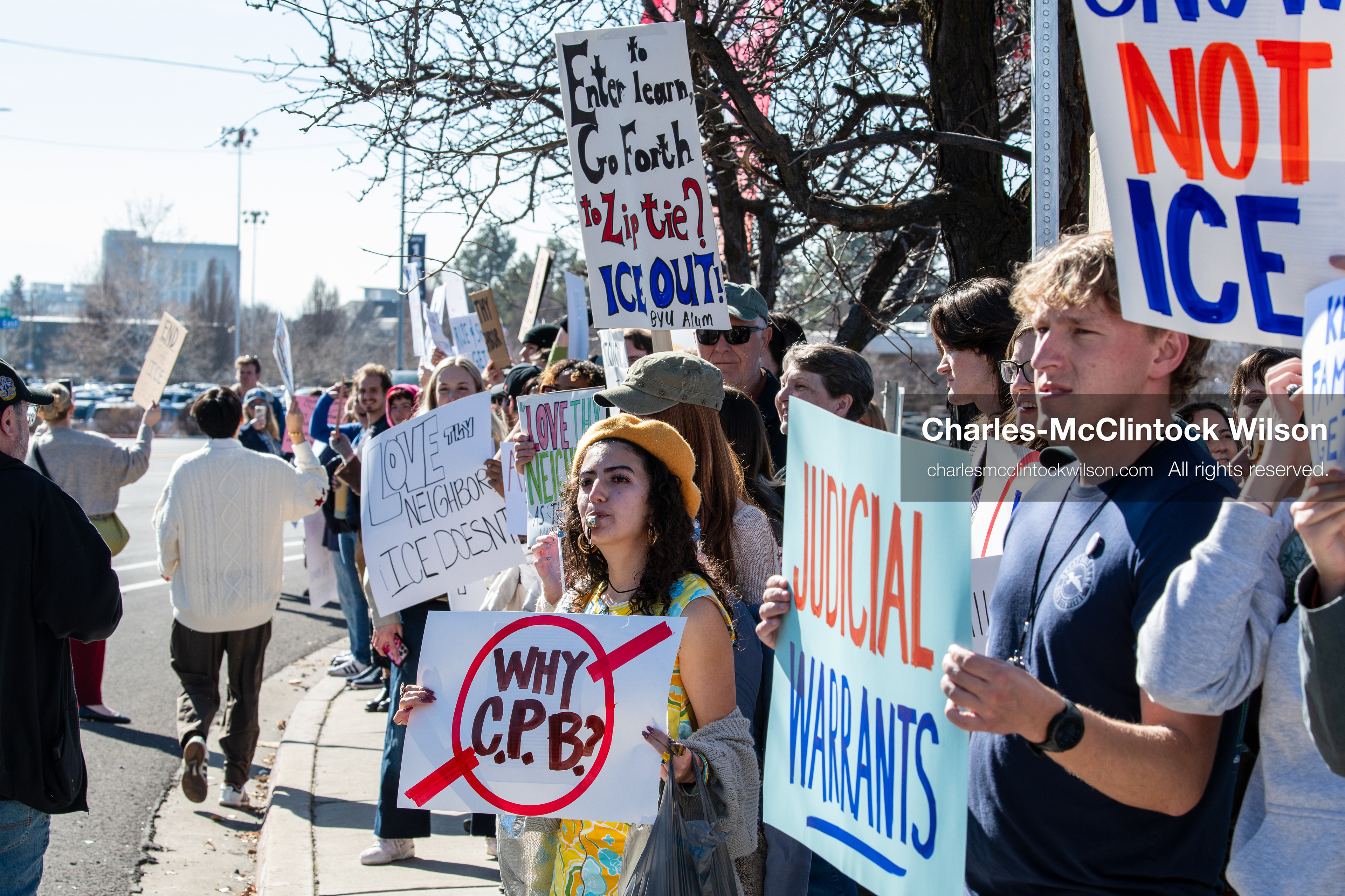 February 5, 2026, Provo, Utah, USA: Students and community members gather near Brigham Young University in Provo to demonstrate against the presence of US Customs and Border Protection recruiters at a career fair held on the BYU campus. (Credit Image: © Charles McClintock Wilson/ZUMA Press Wire)