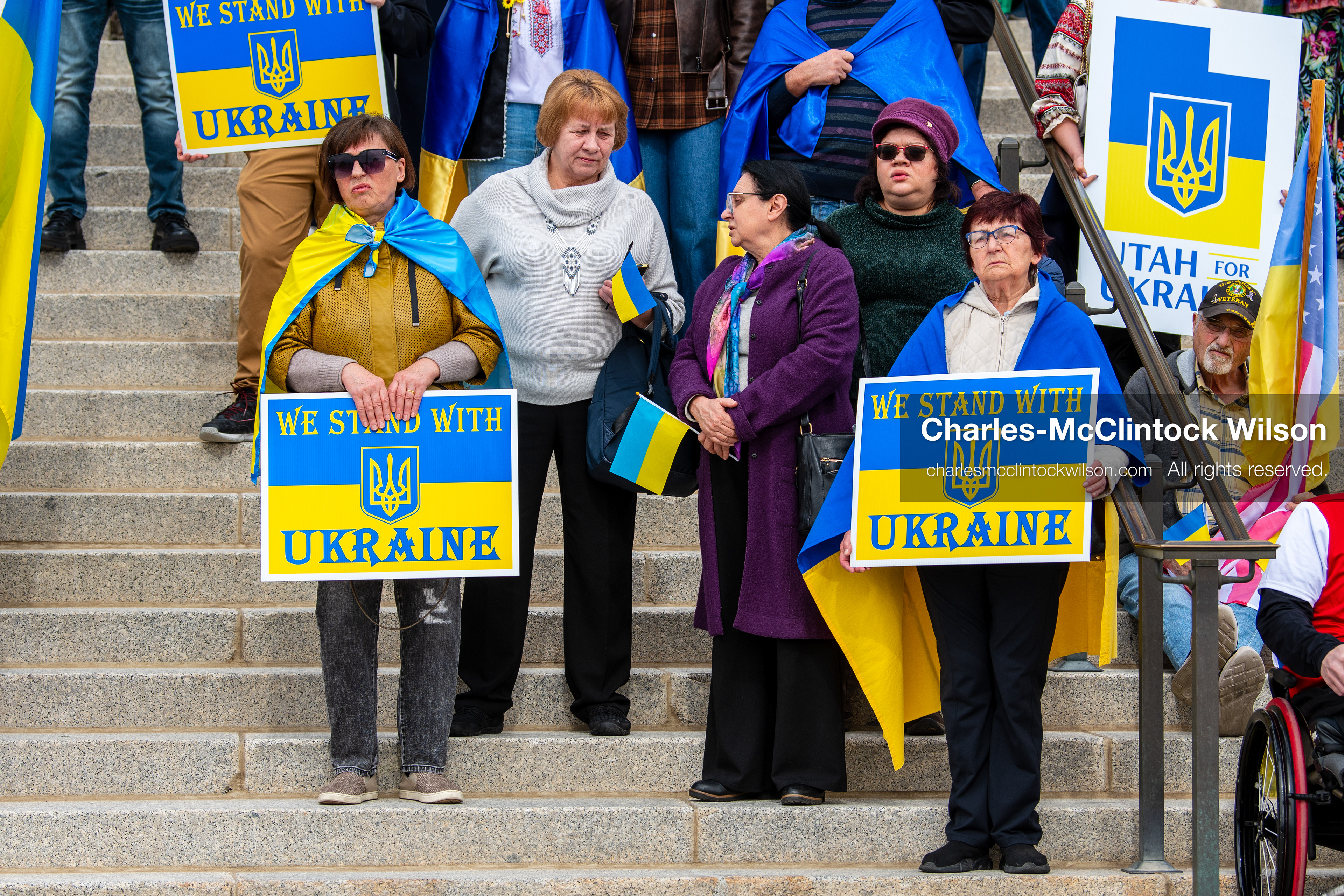 February 28, 2026, Salt Lake City, Utah, USA: Supporters gather on the steps of the Utah State Capitol during the Stand With Ukraine rally marking the four year anniversary of the full scale Russian invasion of Ukraine. Participants hold signs and Ukrainian flags as community members call for continued support for Ukraine and an end to the war. (Credit Image: © Charles McClintock Wilson/ZUMA Press Wire)