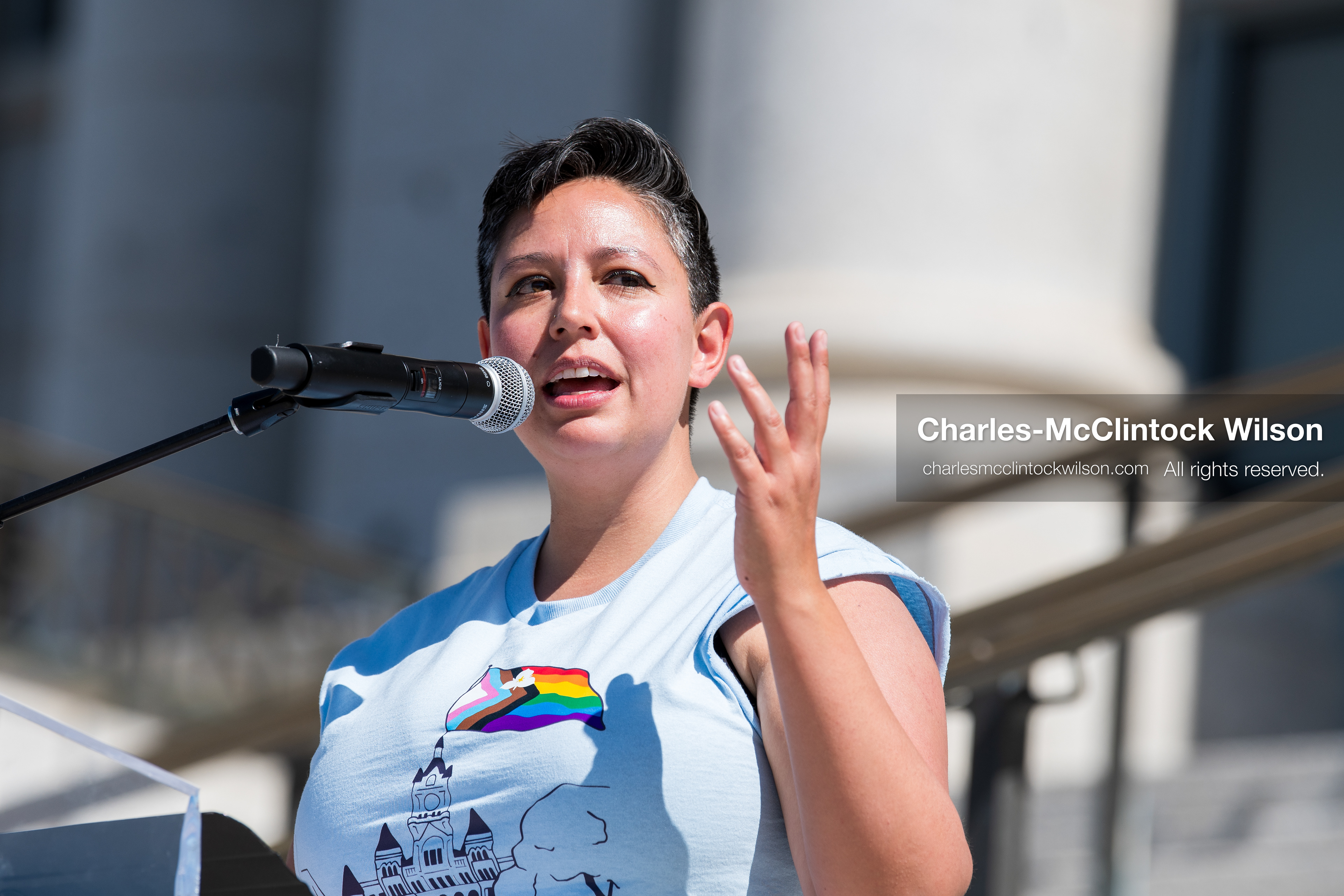 June 6, 2026, Salt Lake City, Utah, USA: Salt Lake City Council Vice Chair ERIKA CARLSEN, who represents District 5, speaks outside the Utah State Capitol building during the Utah Pride Rally and March. (Credit Image: © Charles McClintock Wilson/ZUMA Press Wire)