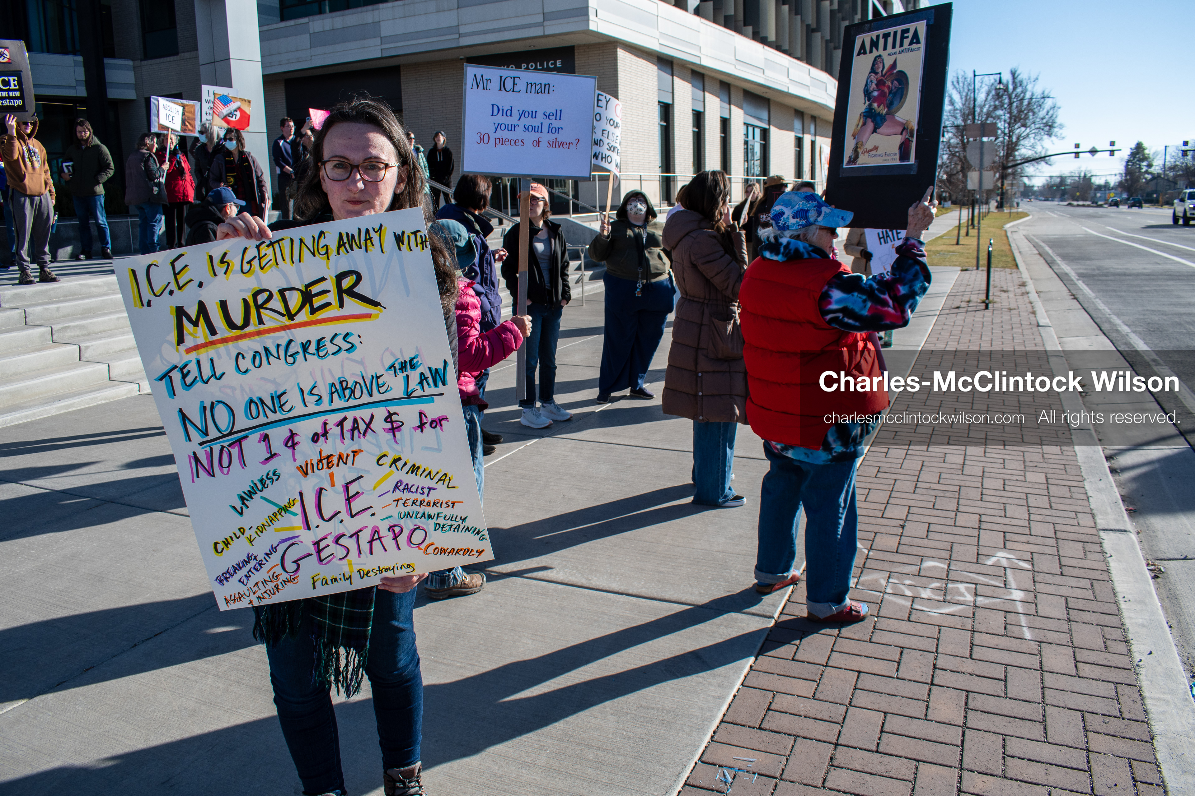 January 20, 2026, Provo, Utah, USA: Protesters gather outside Provo City Hall during the Free America Walkout protest in Provo, Utah, on January 20, 2026. Demonstrators held signs calling for justice, immigration reform, and an end to detention practices. (Credit Image: © Charles-McClintock Wilson/ZUMA Press Wire)