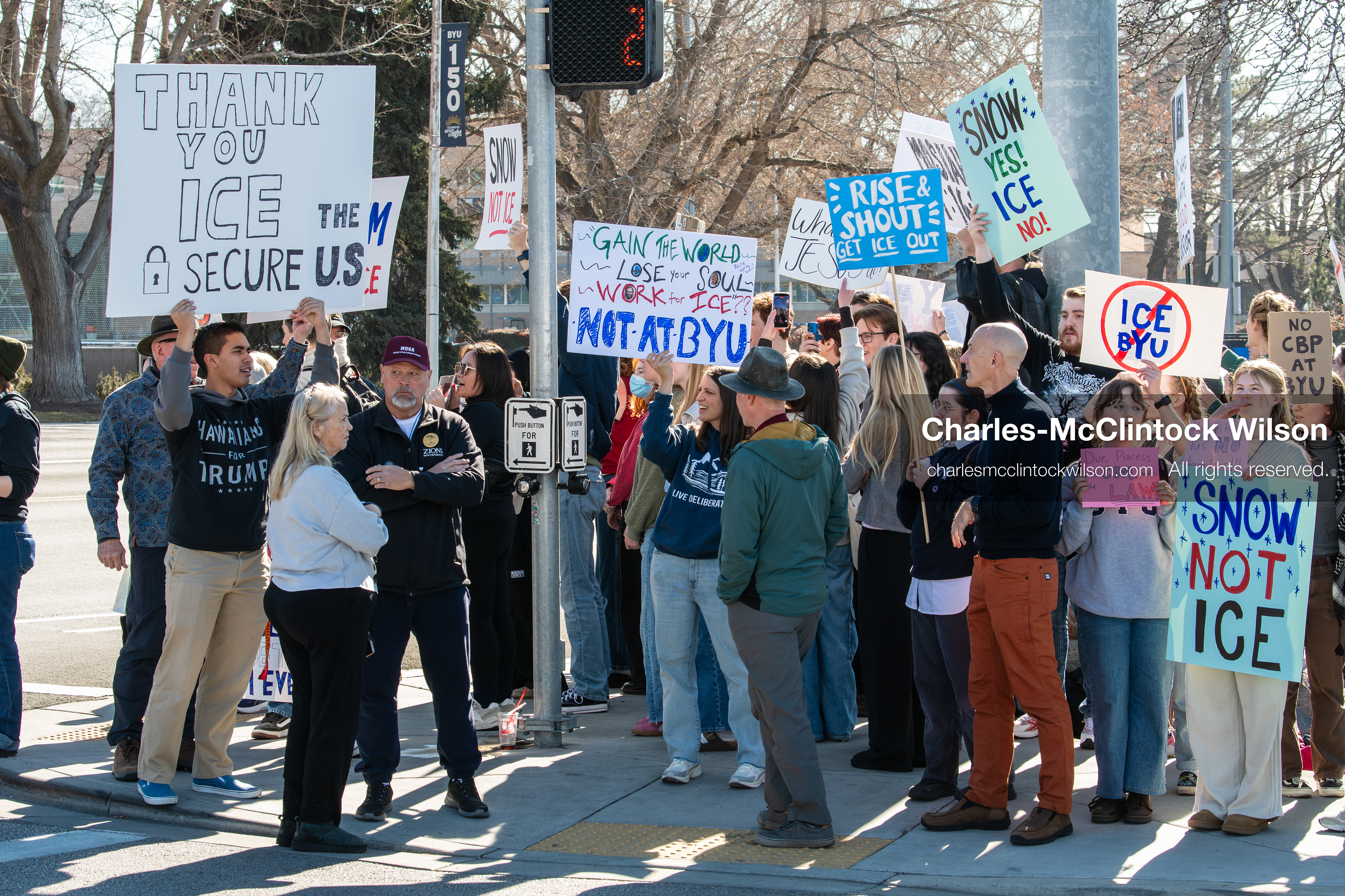February 5, 2026, Provo, Utah, USA: Students and community members gather near Brigham Young University in Provo to demonstrate against the presence of US Customs and Border Protection recruiters at a career fair held on the BYU campus. (Credit Image: © Charles McClintock Wilson/ZUMA Press Wire)