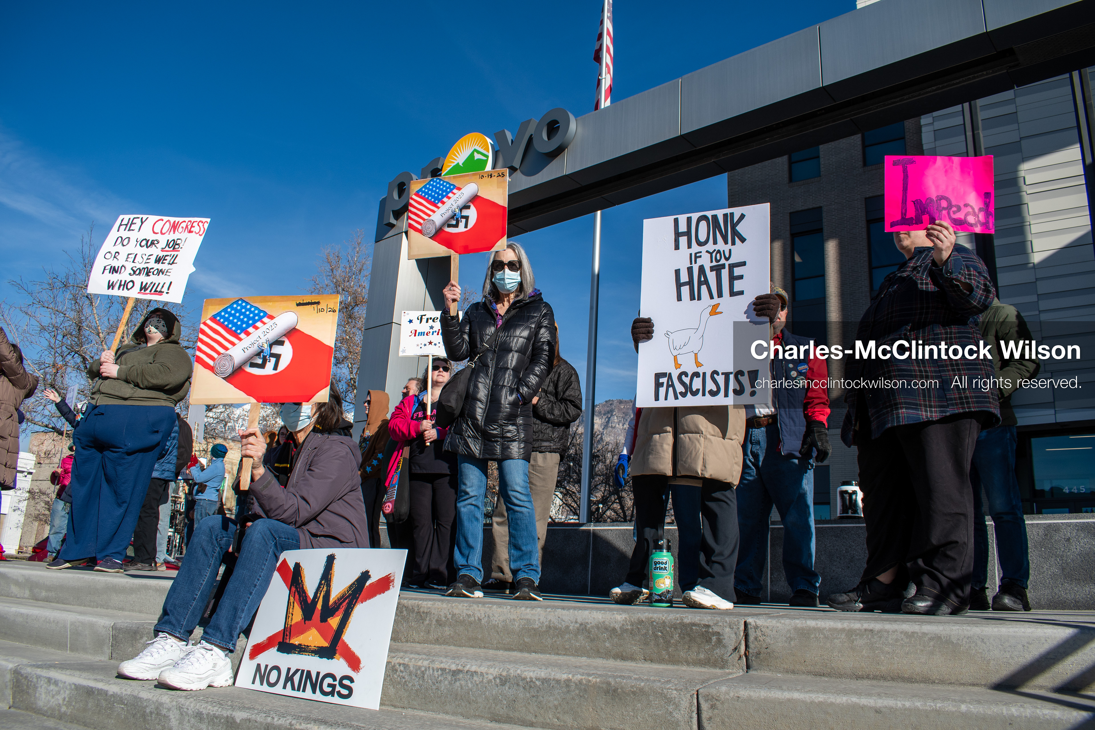January 20, 2026, Provo, Utah, USA: Protesters gather outside Provo City Hall during the Free America Walkout protest in Provo, Utah, on January 20, 2026. Demonstrators held signs calling for justice, immigration reform, and an end to detention practices. (Credit Image: © Charles-McClintock Wilson/ZUMA Press Wire)