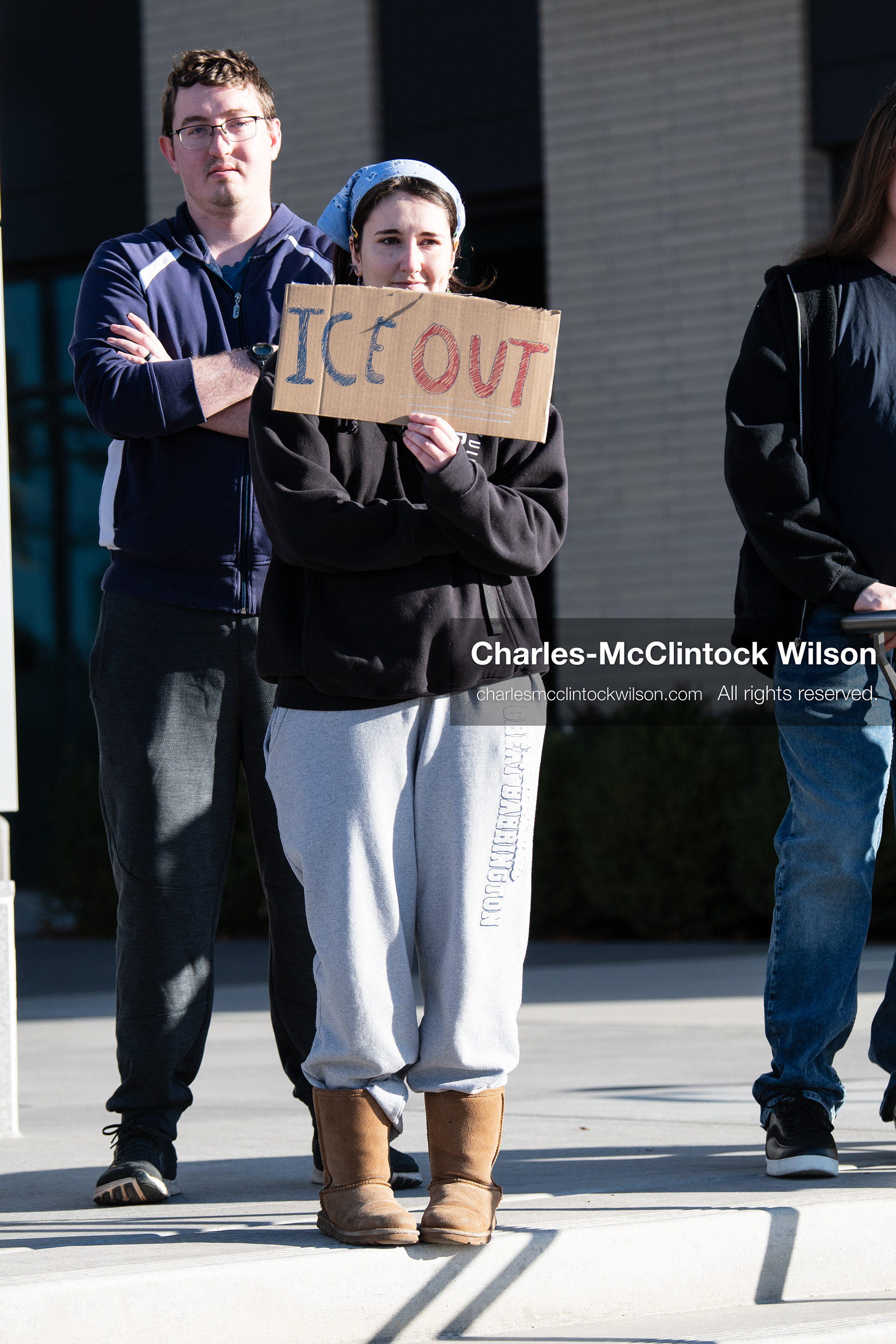  January 20, 2026, Provo, Utah, USA: A demonstrator stands outside Provo City Hall during the Free America Walkout protest in Provo Utah on January 20 2026. The nationwide event called for immigration reform and changes to detention practices.