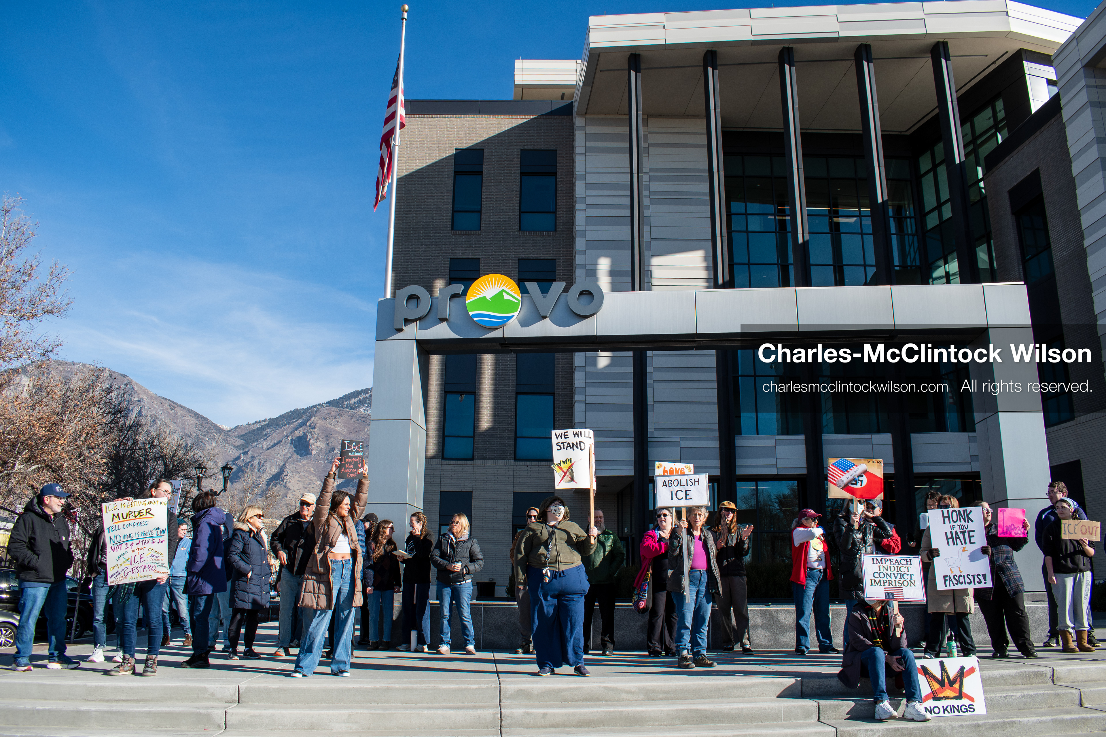 January 20, 2026, Provo, Utah, USA: Protesters gather outside Provo City Hall during the Free America Walkout protest in Provo, Utah, on January 20, 2026. Demonstrators held signs calling for justice, immigration reform, and an end to detention practices. (Credit Image: © Charles-McClintock Wilson/ZUMA Press Wire)