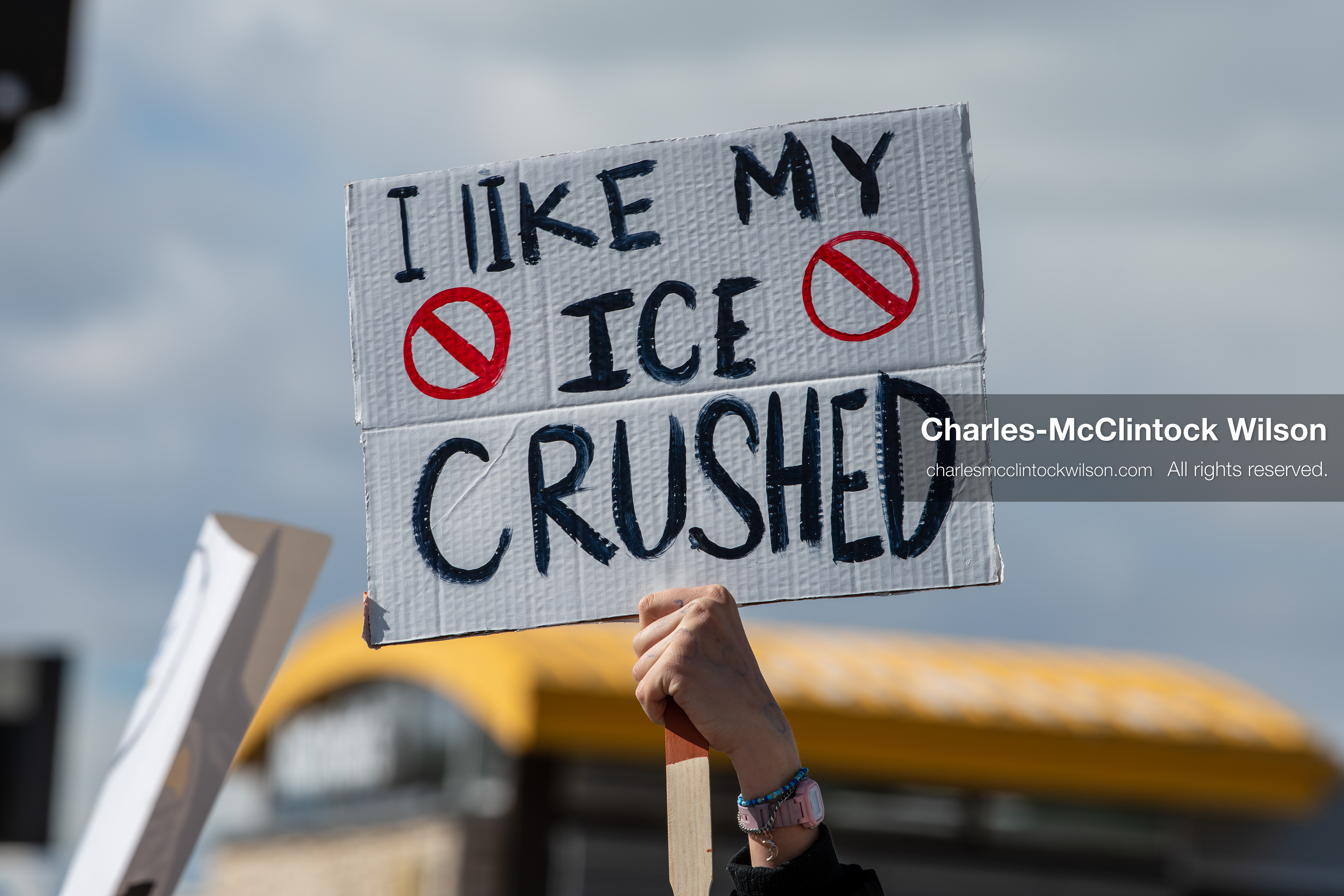 February 20, 2026, Orem, Utah, USA: A participant holds a cardboard sign during a student led protest against ICE in front of Orem City Hall. Demonstrators gather along State Street as the event continues in the area. (Credit Image: © Charles McClintock Wilson/ZUMA Press Wire)