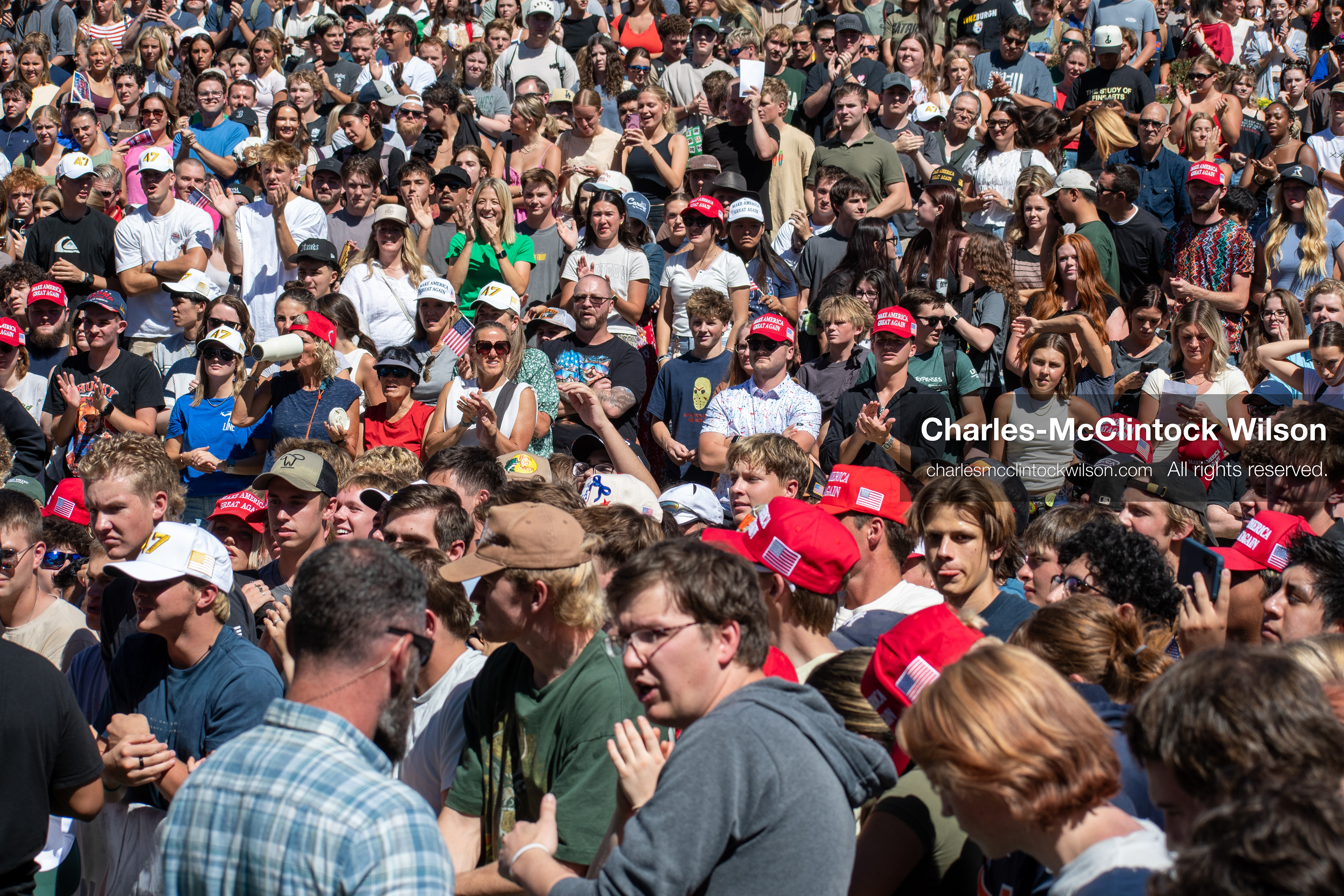 OREM, UTAH – SEPTEMBER 10, 2025: Attendees gather in close formation at Utah Valley University for the opening stop of the American Comeback Tour. The image captures a moment of shared anticipation and civic presence, reflecting the energy, emotion, and communal engagement that defined the event’s intended spirit. © Charles-McClintock Wilson / ZUMA Press 
