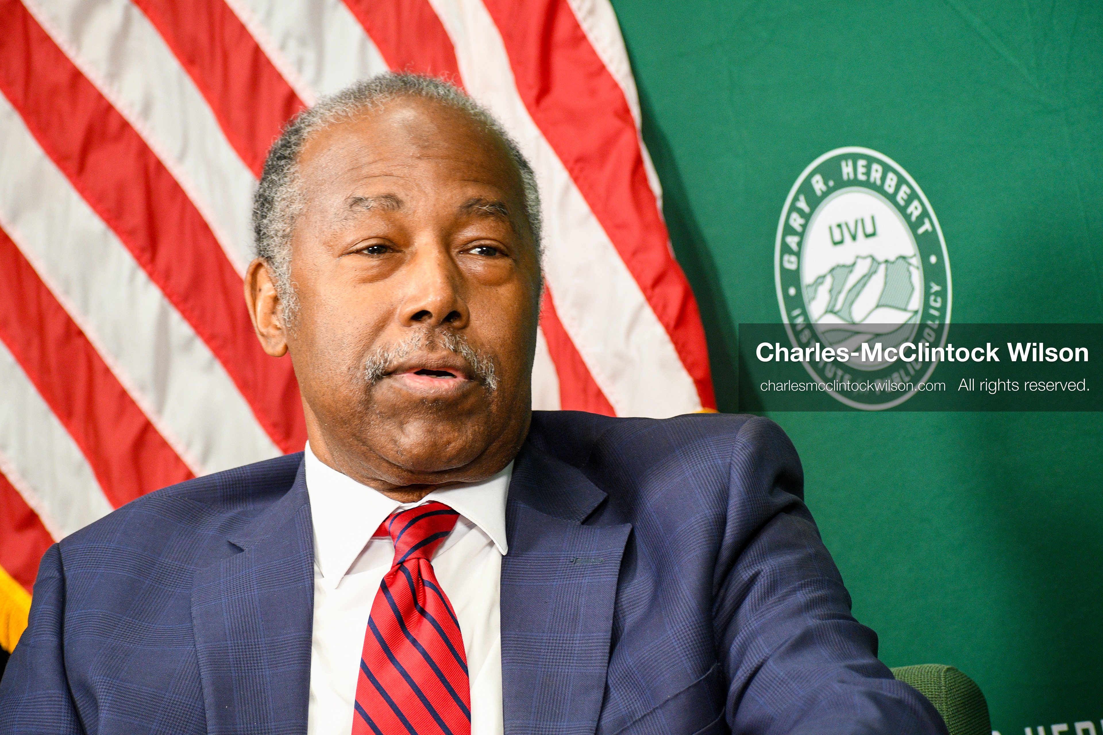 November 5, 2025, Orem, Utah, USA: Dr. Ben Carson, former U.S. Secretary of Housing and Urban Development and 2016 Republican presidential candidate, speaks with members of the press ahead of a public event hosted by the Gary R. Herbert Institute at Utah Valley University in Orem, Utah, on Nov. 5, 2025. (Credit Image: © Charles-McClintock Wilson/ZUMA Press Wire)