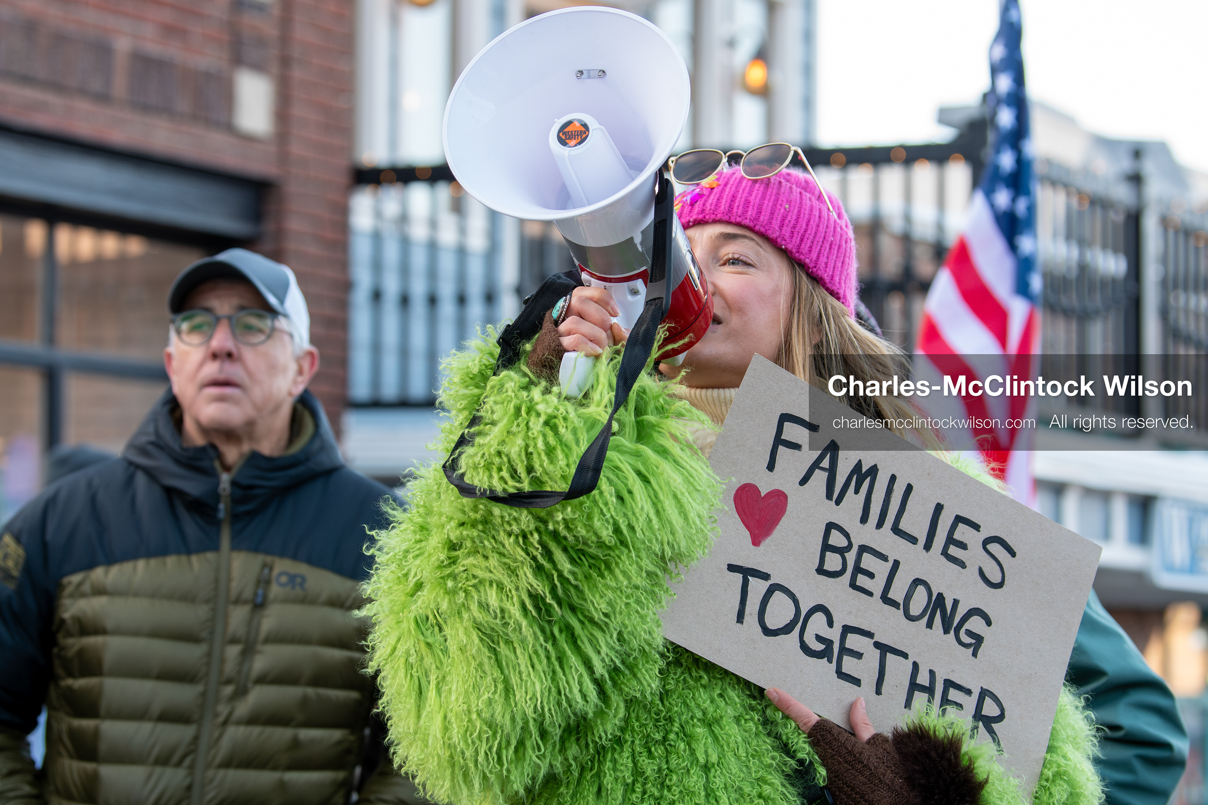 January 26, 2026, Park City, Utah, USA: US Professional skier and activist SIERRA QUITIQUIT speaks through a megaphone while holding a sign during a protest opposing U.S. Immigration and Customs Enforcement (I.C.E.) ICE agents at the Sundance Film Festival in Park City, Utah, on Monday, Jan. 26, 2026. The event was held in response to the fatal shooting of Alex Pretti by a U.S. Border Patrol officer in Minneapolis. (Credit Image: © Charles McClintock Wilson/ZUMA Press Wire)