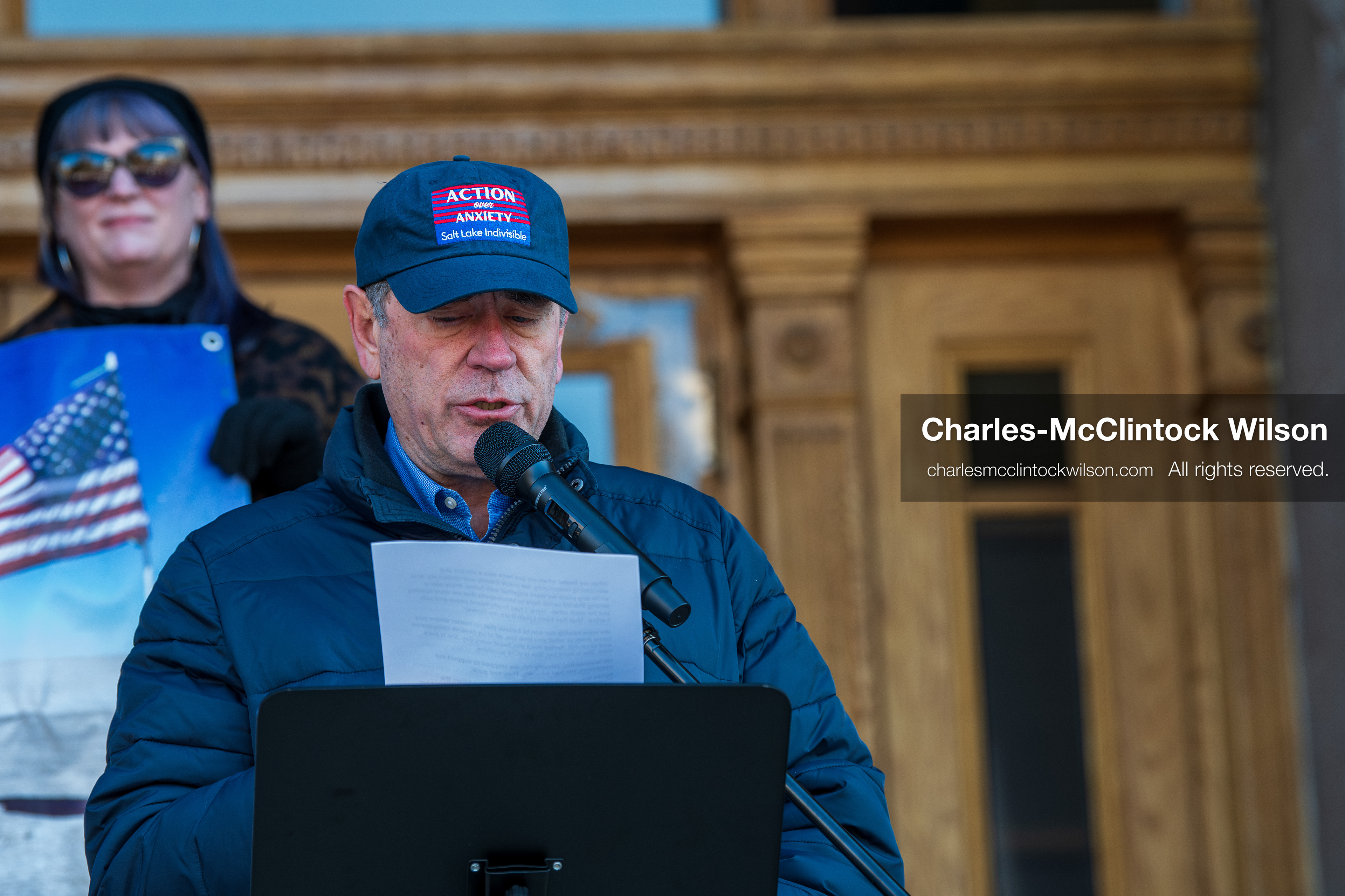 Salt Lake City, Utah, January 10, 2026: A speaker reads a statement written by Rebeca Good, wife of Renee Nicole Good, during the ICE Out for Good protest at Washington Square Park. The demonstration called for justice following Renee Nicole Good’s death during an encounter with immigration authorities. (Credit Image: © Charles‑McClintock Wilson/ZUMA Press Wire)