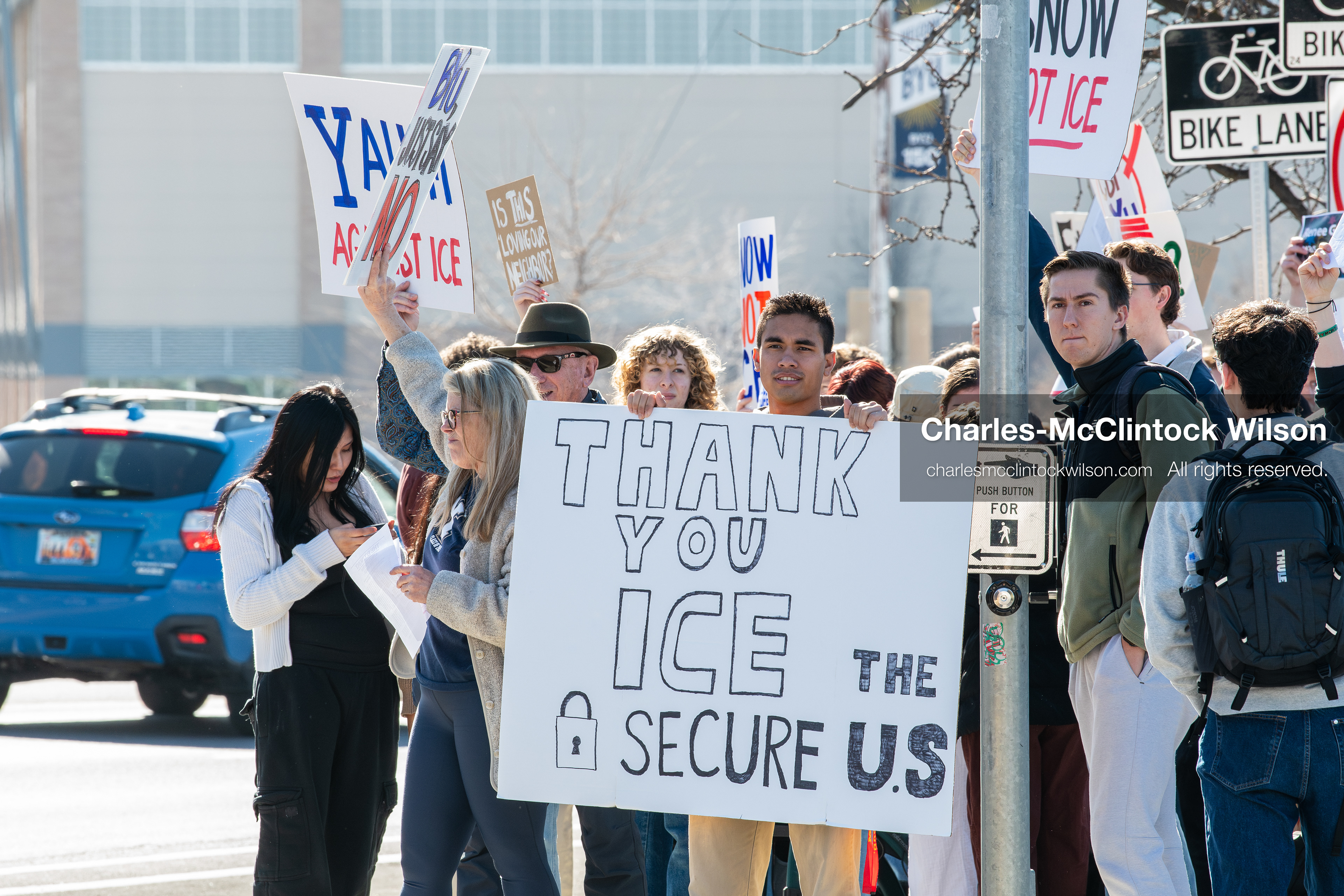 February 5, 2026, Provo, Utah, USA: Students and community members gather near Brigham Young University in Provo to demonstrate against the presence of US Customs and Border Protection recruiters at a career fair held on the BYU campus. (Credit Image: © Charles McClintock Wilson/ZUMA Press Wire)