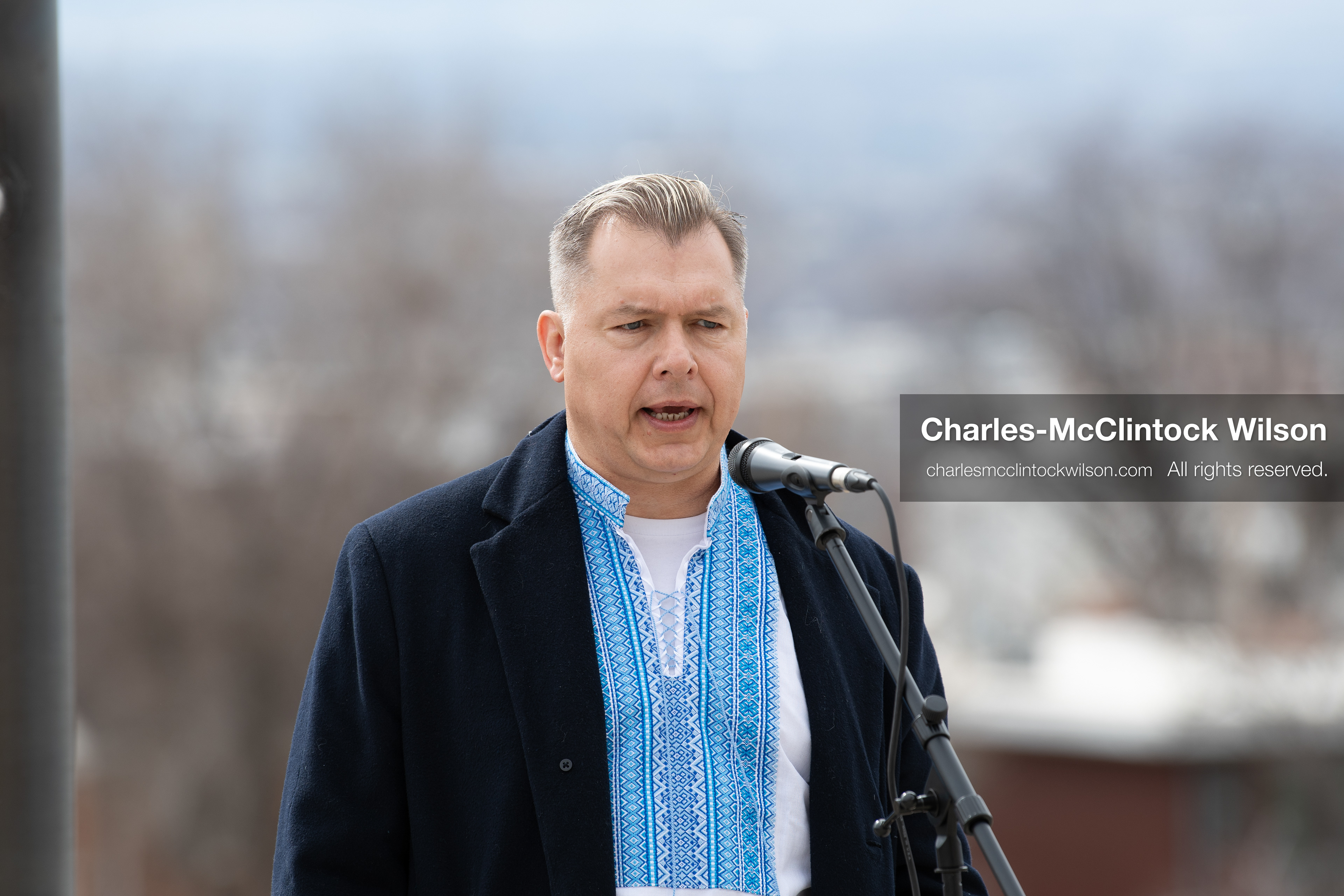 February 28, 2026, Salt Lake City, Utah, USA: A speaker addresses the crowd near the Utah State Capitol during the Stand With Ukraine rally, wearing a dark coat over a traditional embroidered shirt. The gathering marked the four year anniversary of the full scale Russian invasion of Ukraine and brought community members together in support of Ukrainians and local humanitarian efforts. (Credit Image: © Charles McClintock Wilson/ZUMA Press Wire)
