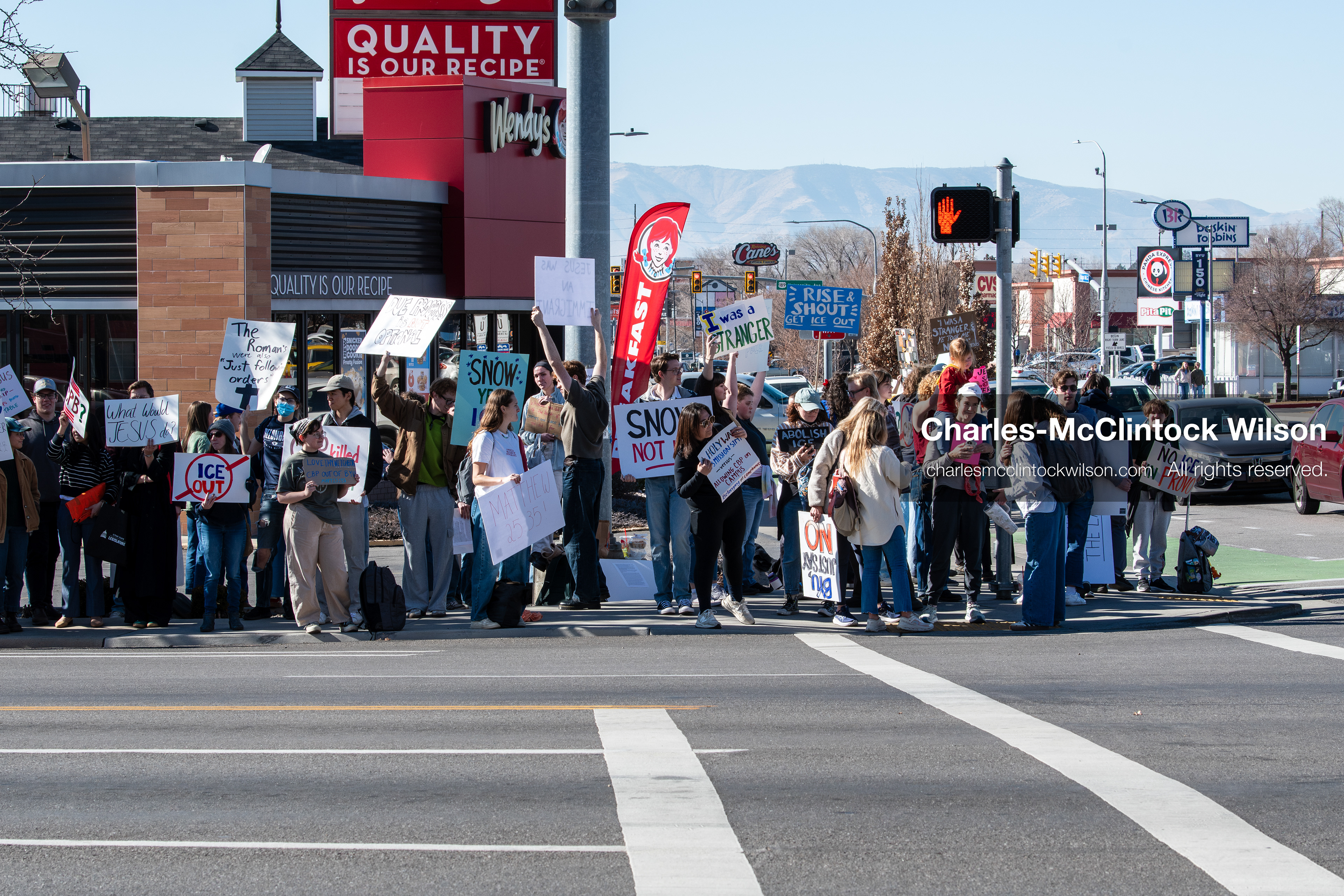 February 5, 2026, Provo, Utah, USA: Students and community members gather near Brigham Young University in Provo to demonstrate against the presence of US Customs and Border Protection recruiters at a career fair held on the BYU campus. (Credit Image: © Charles McClintock Wilson/ZUMA Press Wire)