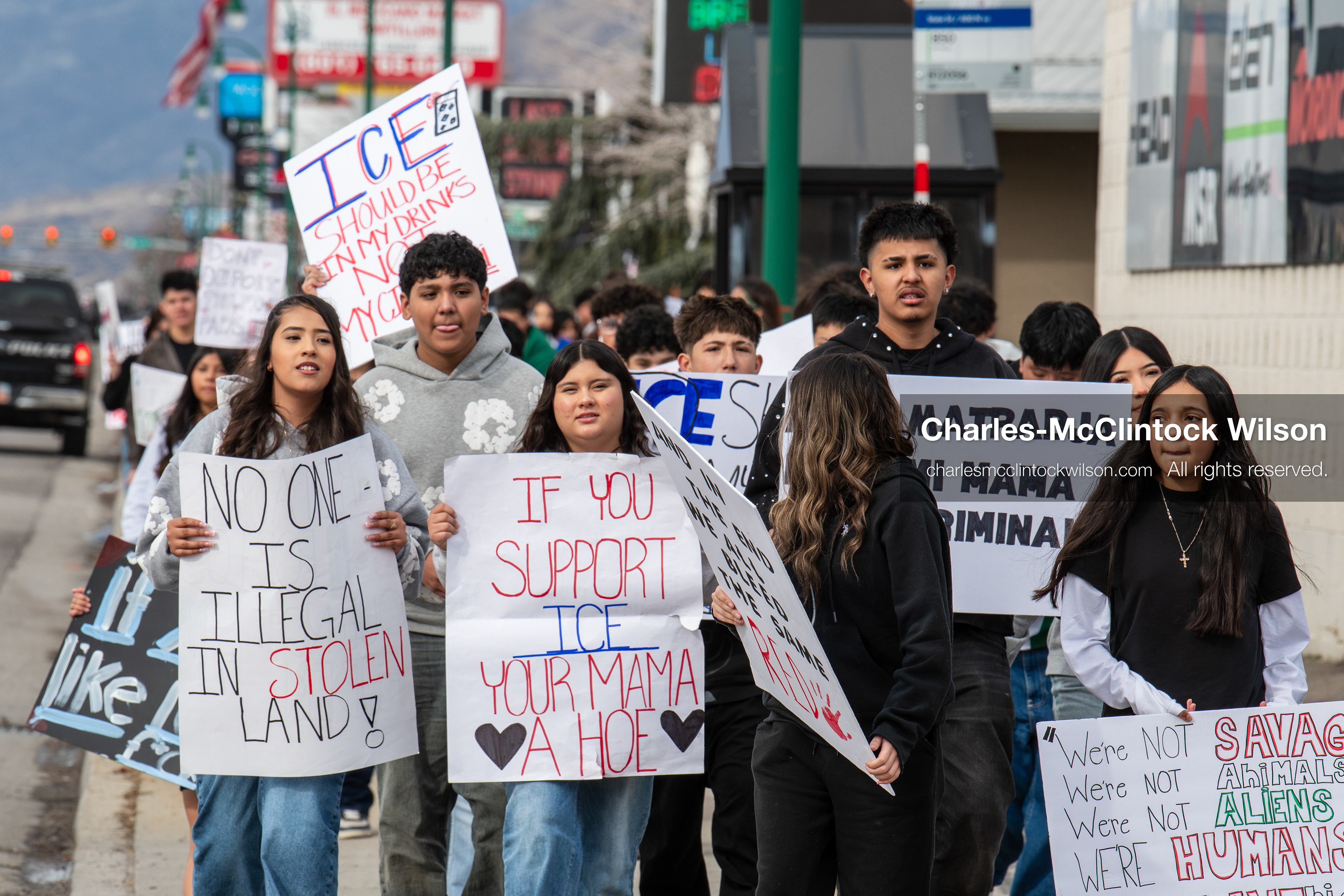 February 11, 2026, Orem, Utah, USA: Students march along State Street during a student‑led protest involving participants from multiple Orem schools. (Credit Image: © Charles‑McClintock Wilson/ZUMA Press Wire)