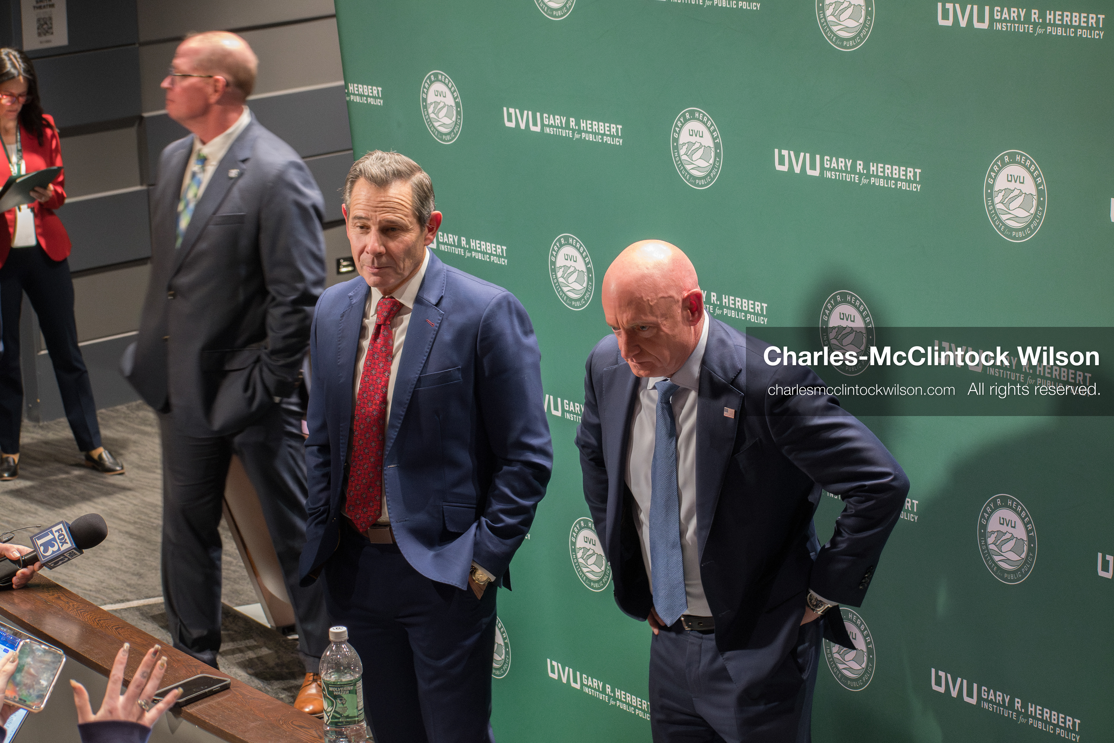 November 12, 2025, Orem, Utah, USA: Senators John Curtis (R–UT) and Mark Kelly (D–AZ) address members of the press following the Senators Modeling Civility forum hosted by the Gary R. Herbert Institute for Public Policy at Utah Valley University. The event, held at the Noorda Center for the Performing Arts, featured a bipartisan dialogue moderated by CNN anchor Dana Bash. The discussion emphasized respectful civic engagement and institutional restraint following the assassination of conservative activist Charlie Kirk. (Credit Image: © Charles-McClintock Wilson/ZUMA Press Wire)