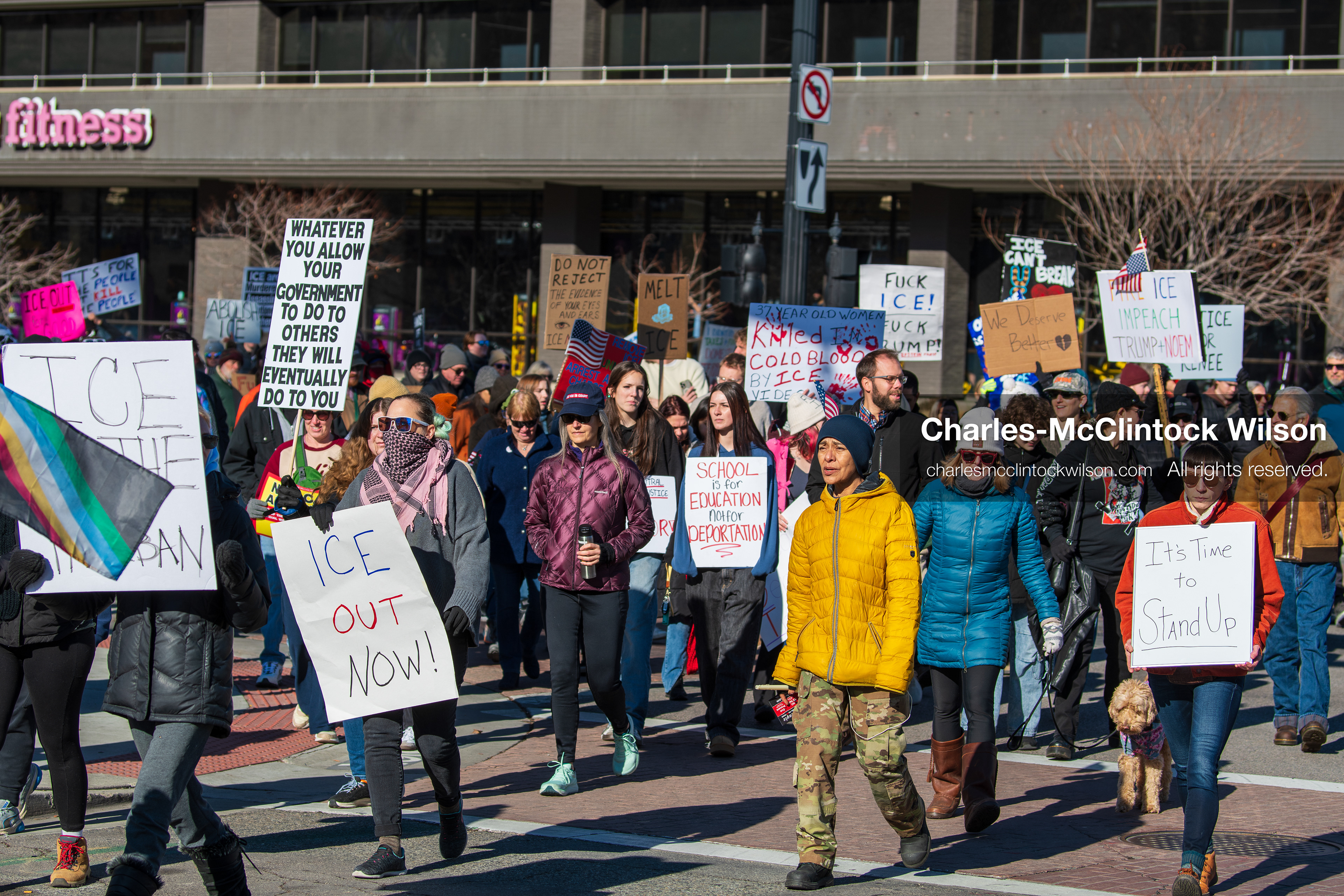 Salt Lake City, Utah, January 10, 2026: A group of demonstrators marches through downtown Salt Lake City during the ICE Out for Good protest, which began at Washington Square Park, with participants carrying signs and personal items as they walk together. (Credit Image: © Charles‑McClintock Wilson/ZUMA Press Wire)