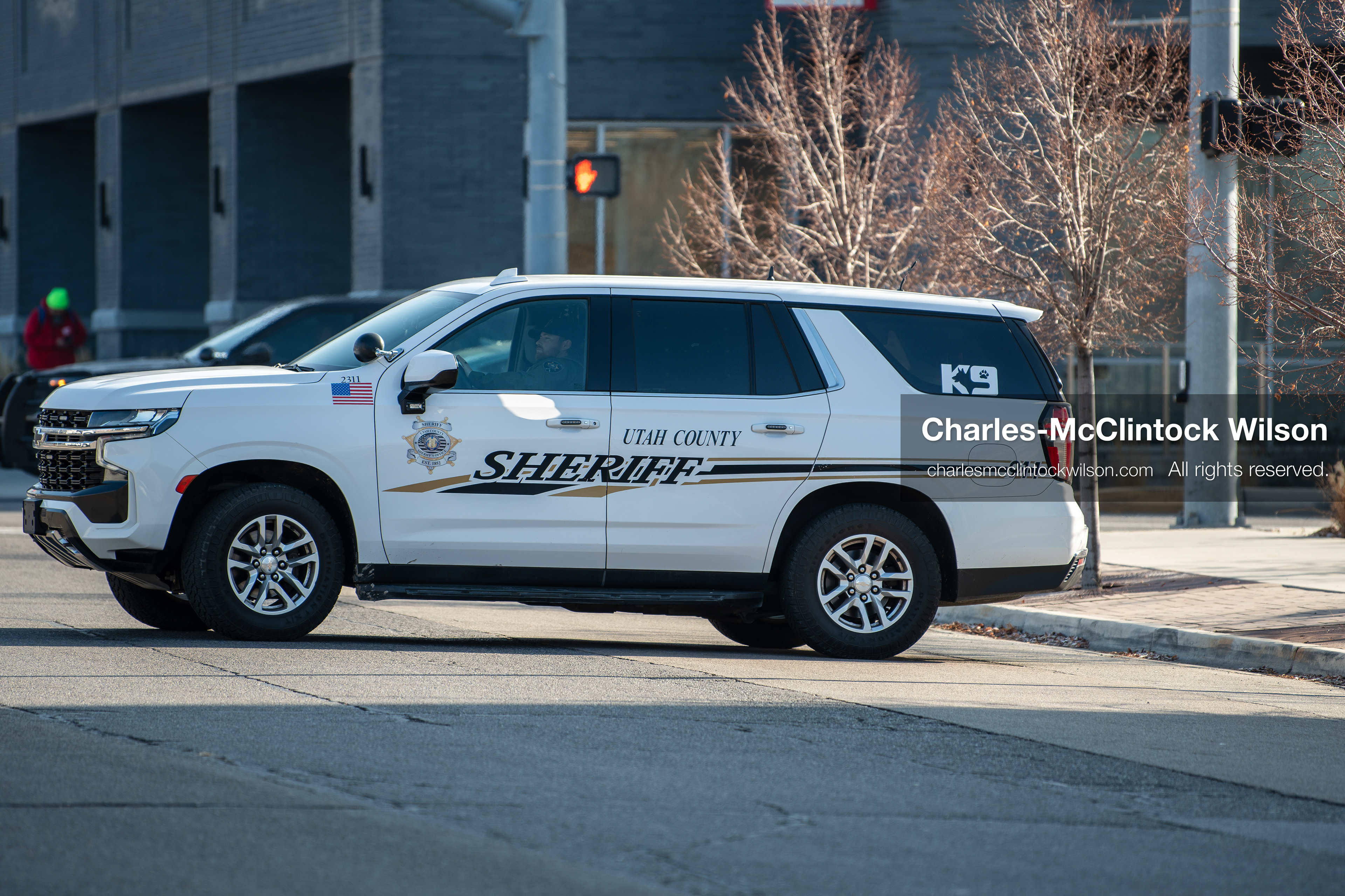 January 16, 2026, Provo, Utah, USA: A Utah County Sheriff's Office K-9 unit vehicle is parked near the Fourth Judicial District Courthouse in Provo, Utah, during the January 16, 2026, court hearing for Tyler Robinson. Robinson is the alleged killer of US conservative figure Charlie Kirk, who was fatally shot during an event at Utah Valley University. (Credit Image: © Charles-McClintock Wilson/ZUMA Press Wire)