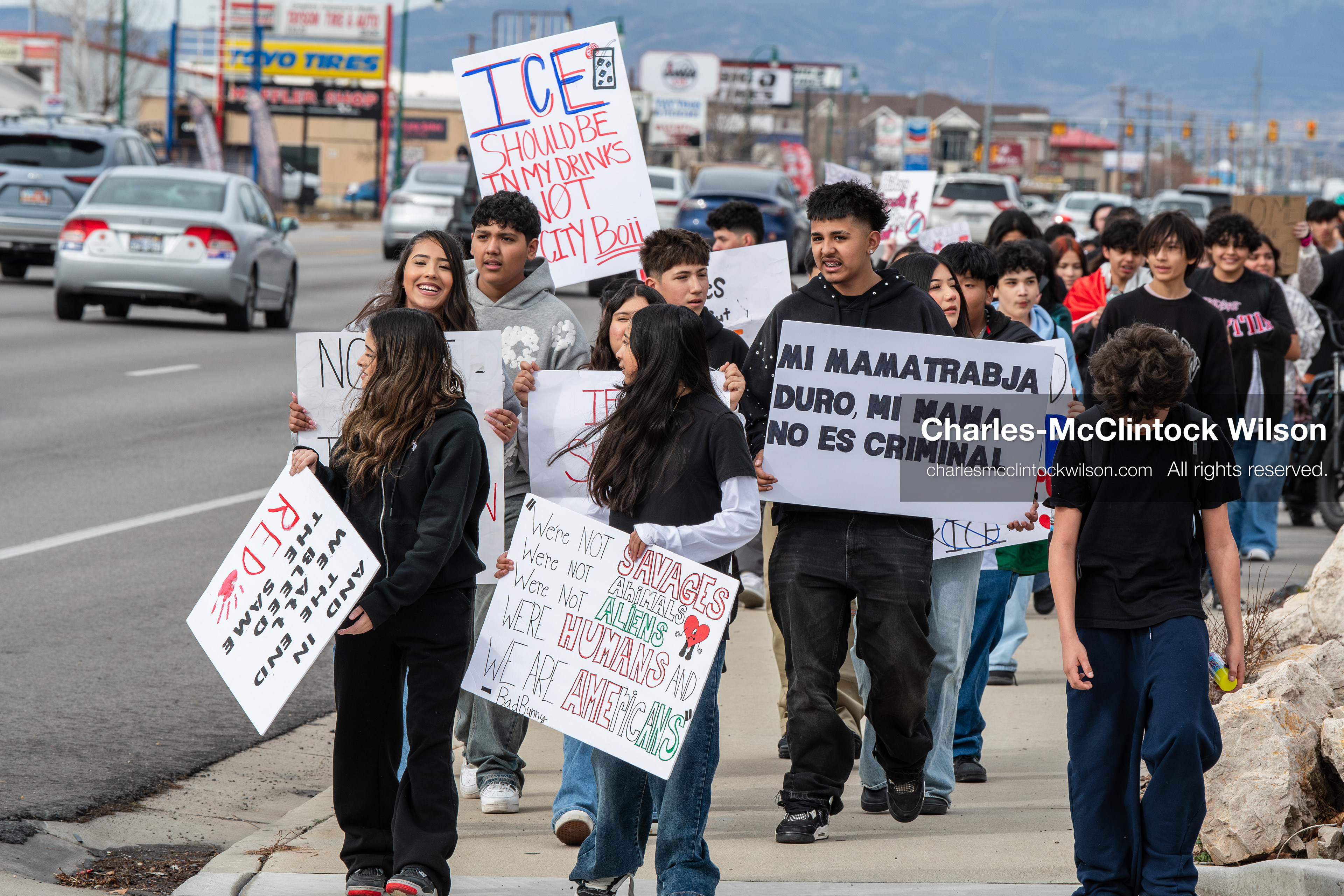 February 11, 2026, Orem, Utah, USA: Students march along State Street during a student‑led protest involving participants from multiple Orem schools. (Credit Image: © Charles‑McClintock Wilson/ZUMA Press Wire)