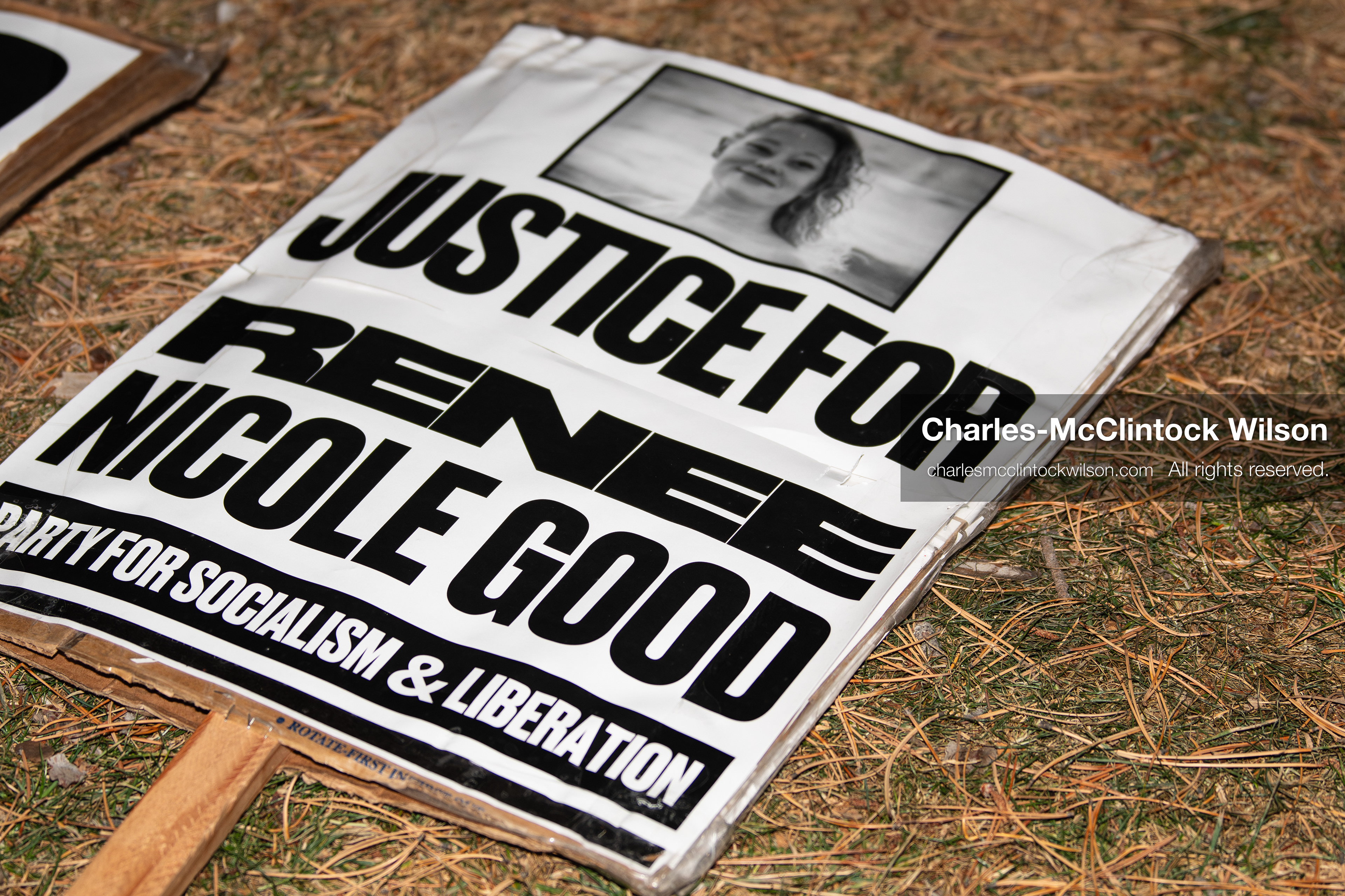 January 8, 2026, Salt Lake City, Utah, USA: A protest sign calling for justice for Renee Nicole Good lies on the ground at Pioneer Park in Salt Lake City Utah during an anti ICE demonstration on Jan 8 2026. The rally followed the death of Renee Nicole Good during an encounter with immigration authorities in Minneapolis and drew hundreds calling for accountability and changes to enforcement practices. (Credit Image: © Charles-McClintock Wilson/ZUMA Press Wire)