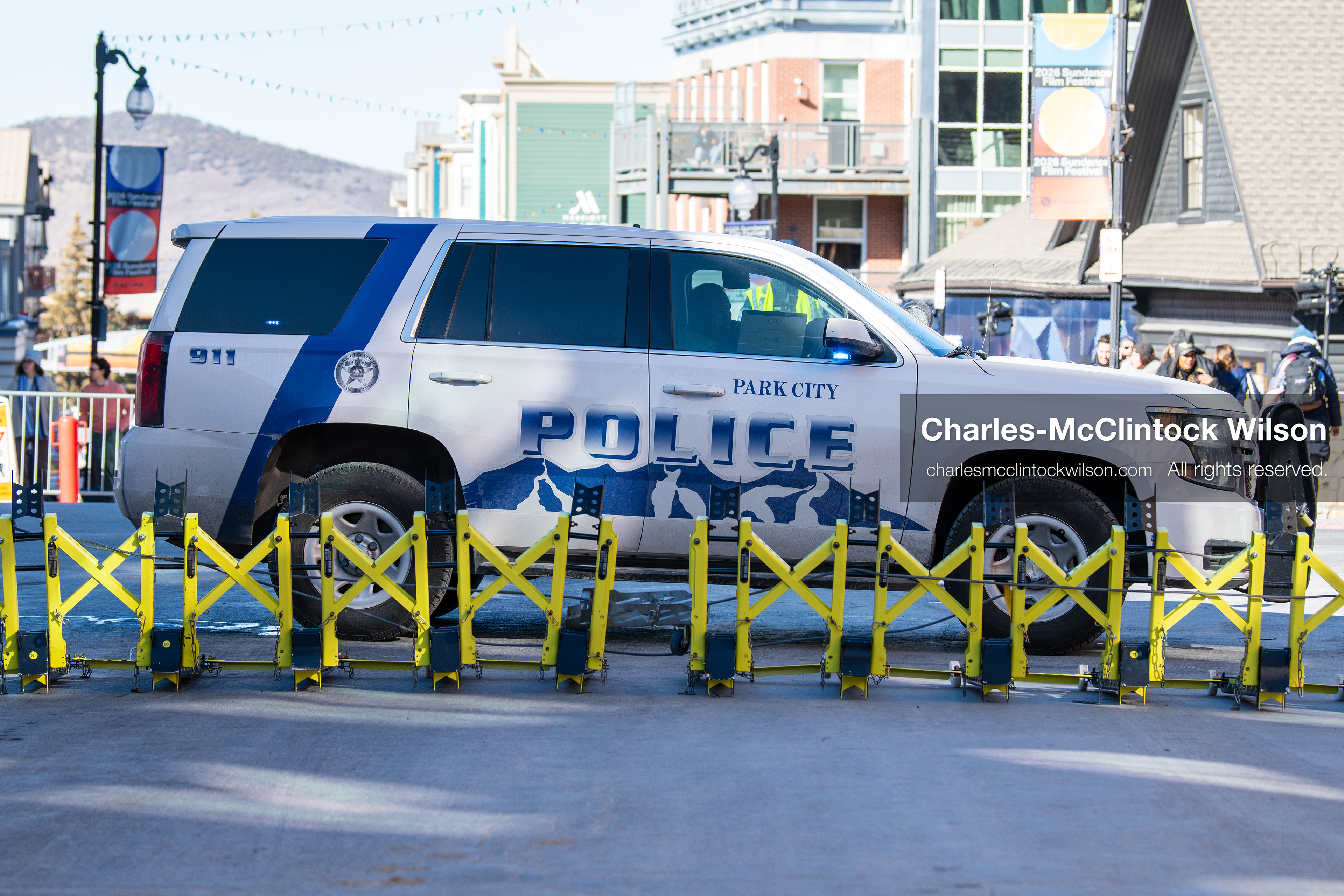  January 26, 2026, Park City, Utah, USA: A Park City police vehicle blocks off Main Street with a barricade during a protest opposing U.S. Immigration and Customs Enforcement (I.C.E.) ICE agents at the Sundance Film Festival in Park City, Utah, on Monday, Jan. 26, 2026. The event was held in response to the fatal shooting of Alex Pretti by a U.S. Border Patrol officer in Minneapolis. (Credit Image: © Charles McClintock Wilson/ZUMA Press Wire)