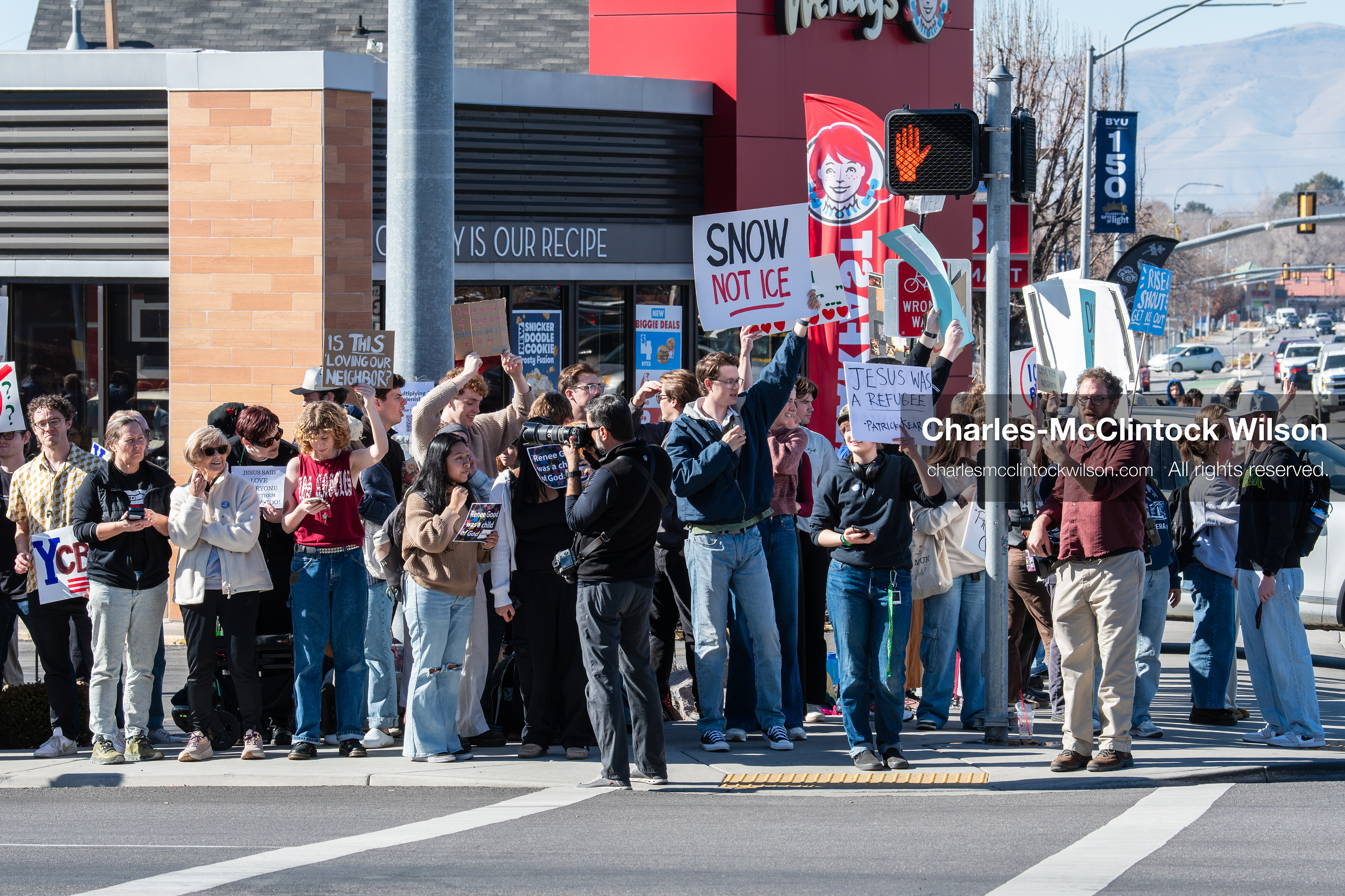 February 5, 2026, Provo, Utah, USA: Students and community members gather near Brigham Young University in Provo to demonstrate against the presence of US Customs and Border Protection recruiters at a career fair held on the BYU campus. (Credit Image: © Charles McClintock Wilson/ZUMA Press Wire)