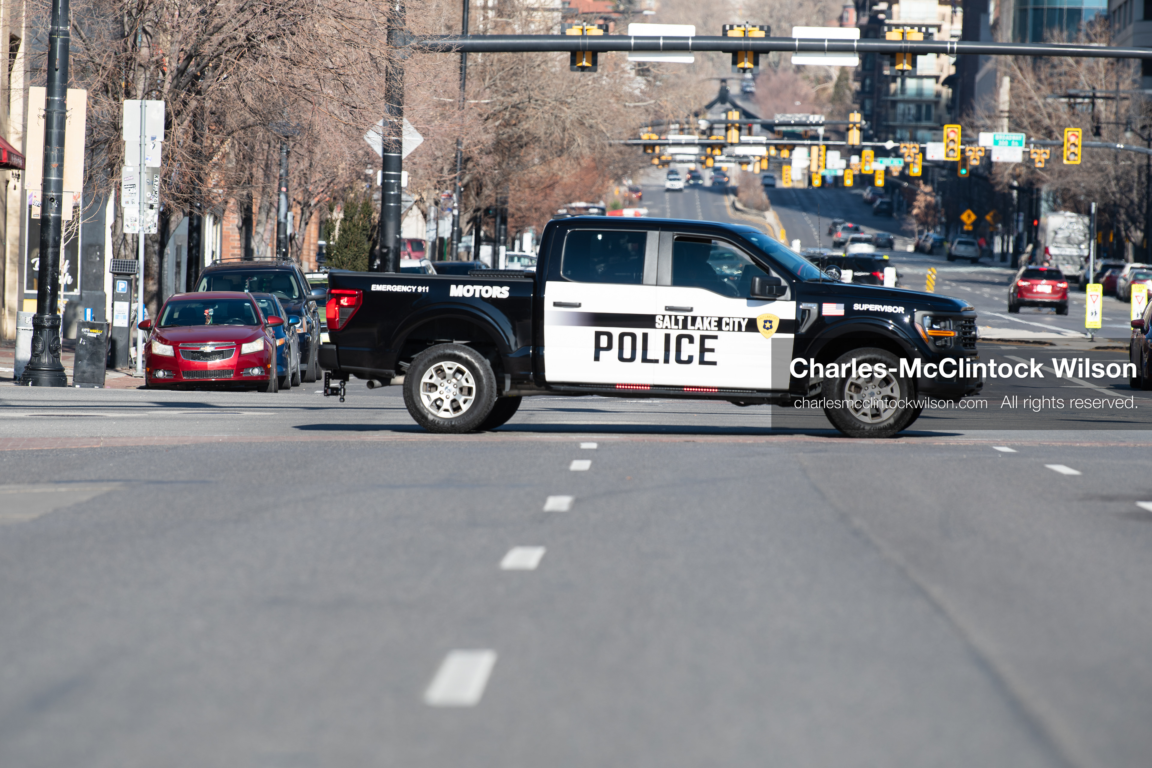 Salt Lake City, Utah, January 10, 2026: A Salt Lake City Police Department vehicle blocks Main Street near Washington Square Park during the ICE Out for Good protest, a demonstration calling for justice for Renee Nicole Good. (Credit Image: © Charles‑McClintock Wilson/ZUMA Press Wire)