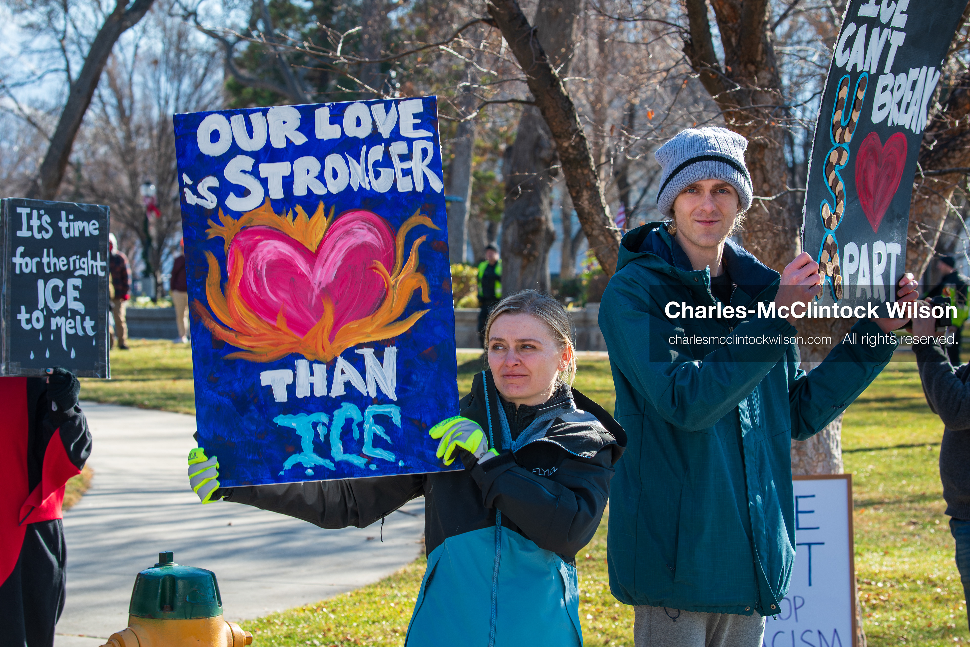 Salt Lake City, Utah, January 10, 2026: Protesters stand with signs at Washington Square Park during the ICE Out for Good protest, a demonstration calling for justice for Renee Nicole Good. (Credit Image: © Charles‑McClintock Wilson/ZUMA Press Wire)