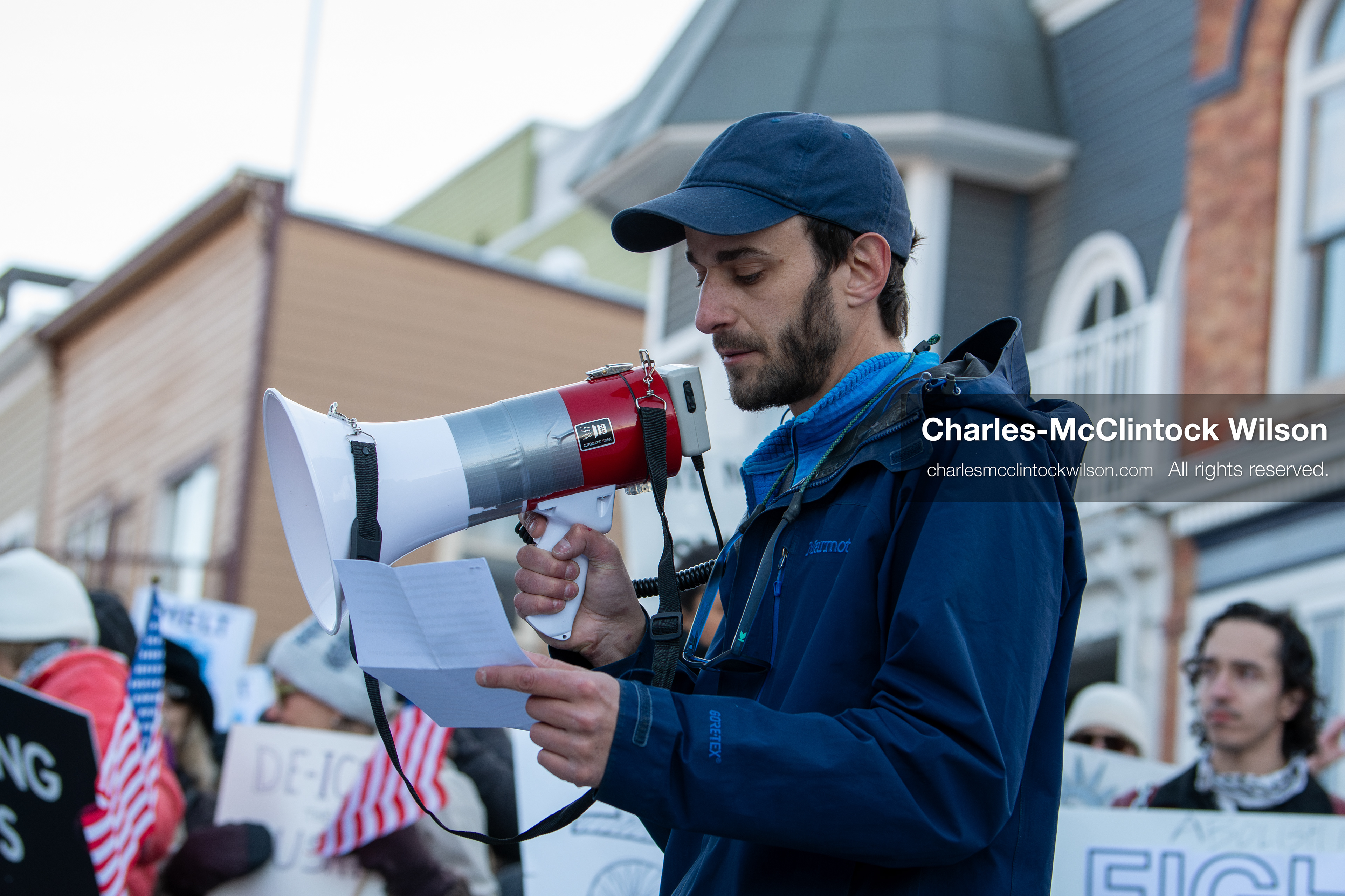 January 26, 2026, Park City, Utah, USA: A demonstrator reads from a piece of paper while speaking through a megaphone during a protest opposing U.S. Immigration and Customs Enforcement (I.C.E.) ICE agents at the Sundance Film Festival in Park City, Utah, on Monday, Jan. 26, 2026. The event was held in response to the fatal shooting of Alex Pretti by a U.S. Border Patrol officer in Minneapolis. (Credit Image: © Charles McClintock Wilson/ZUMA Press Wire)