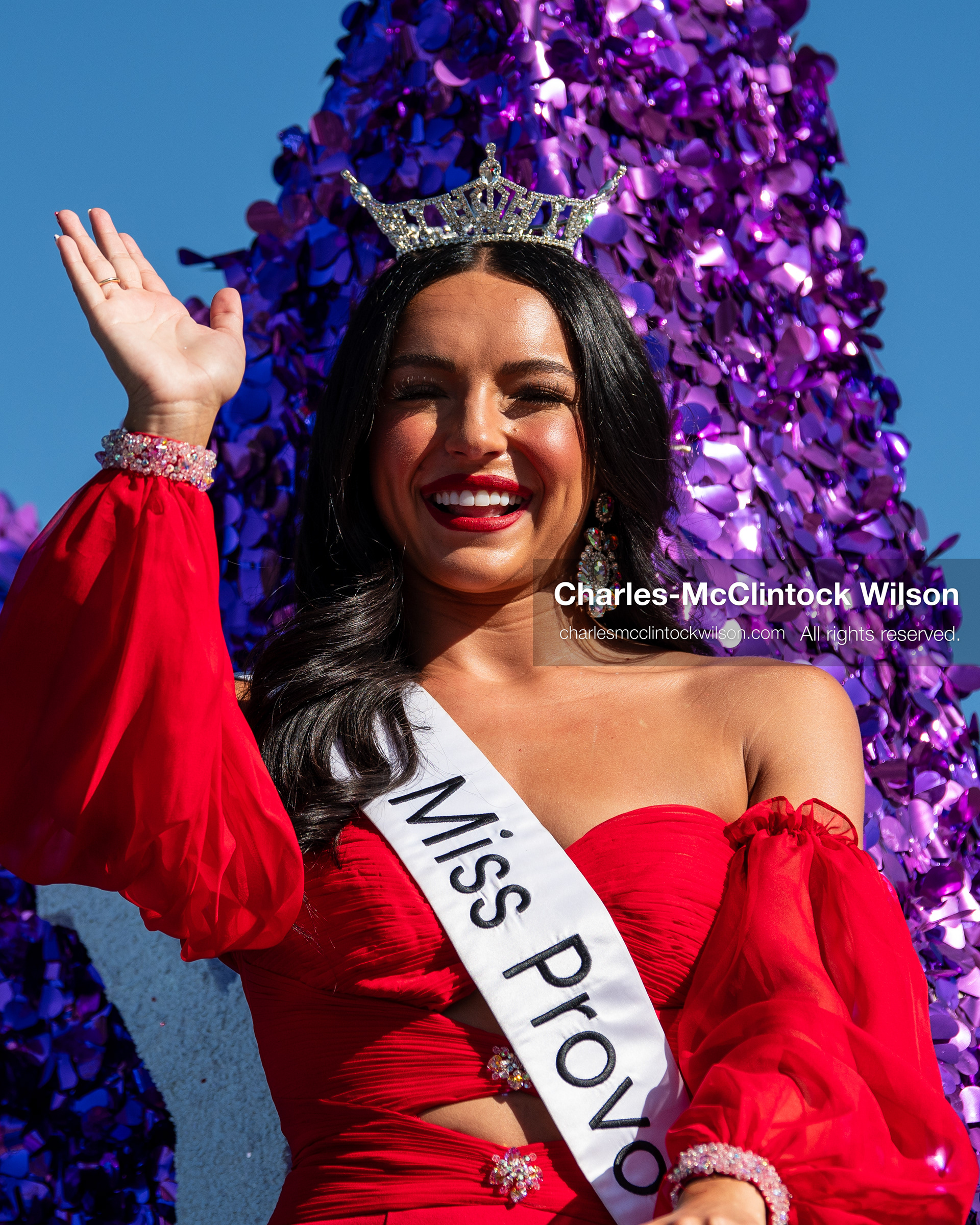 July 4, 2026, Provo, Utah, USA: Miss Provo waves to spectators from a purple tinsel-decorated parade float during America's Freedom Festival Grand Parade in Provo, Utah, Saturday, July 4, 2026. The annual Independence Day event features expanded programming to honor the 250th anniversary of United States independence. (Credit Image: © Charles-McClintock Wilson/ZUMA Press Wire)