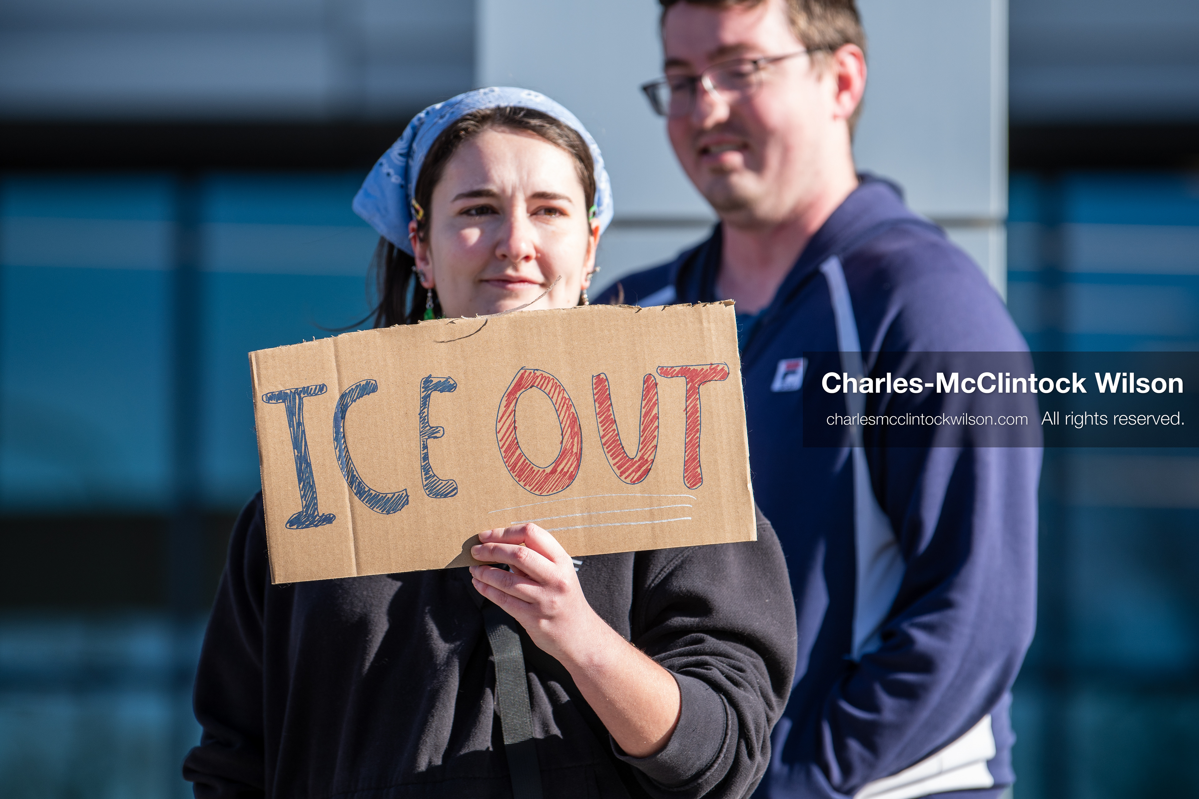 January 20, 2026, Provo, Utah, USA: A demonstrator stands outside Provo City Hall during the Free America Walkout protest in Provo Utah on January 20 2026. The nationwide event called for immigration reform and changes to detention practices. 