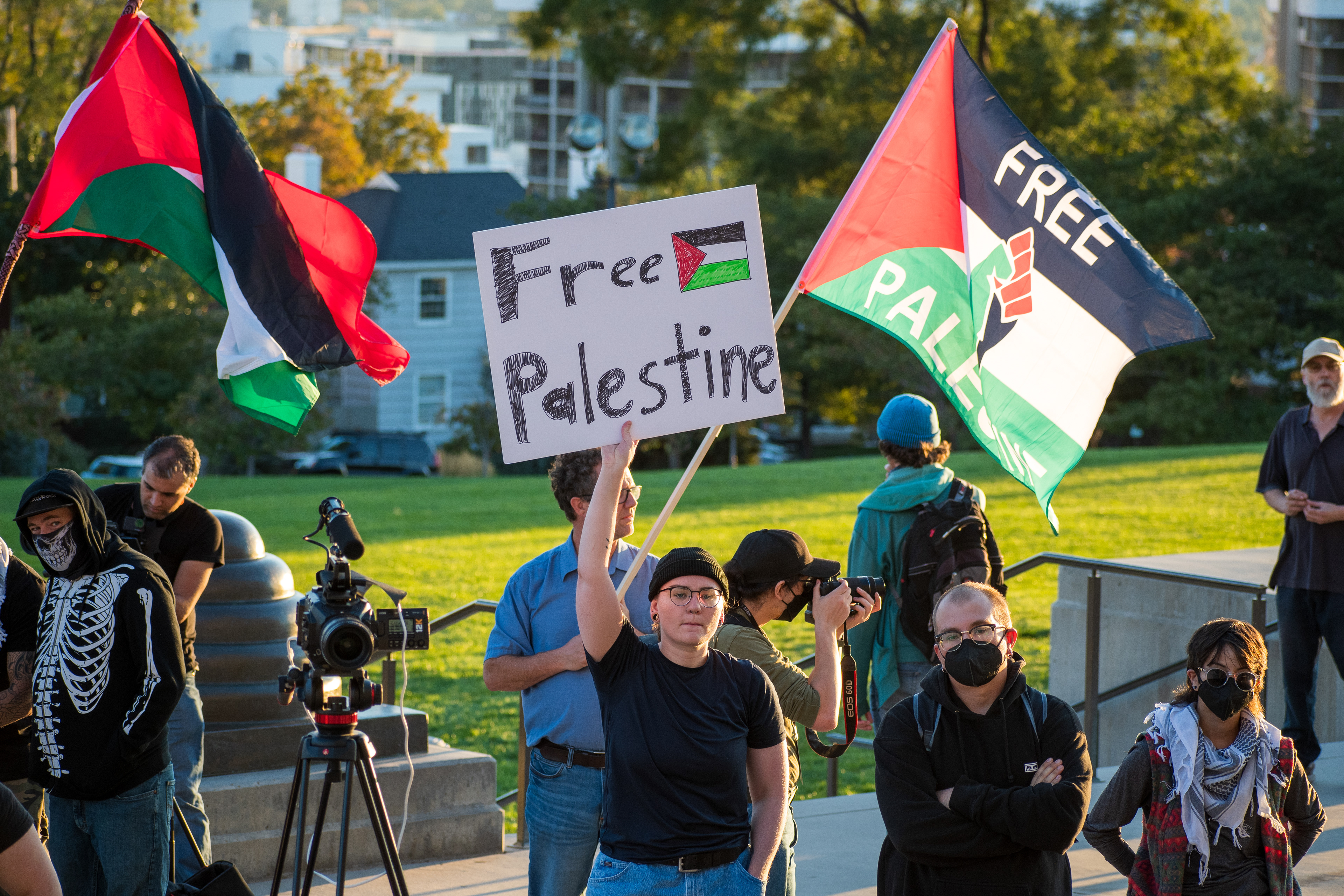 October 10, 2025, Salt Lake City, Utah, USA: Pro-Palestine demonstrators display flags and signs during the Free Palestine Rally organized in front of the Utah State Capitol. Media equipment is visible as participants gather in support of Palestinian rights. (Credit Image: © Charles-McClintock Wilson/ZUMA Press Wire)