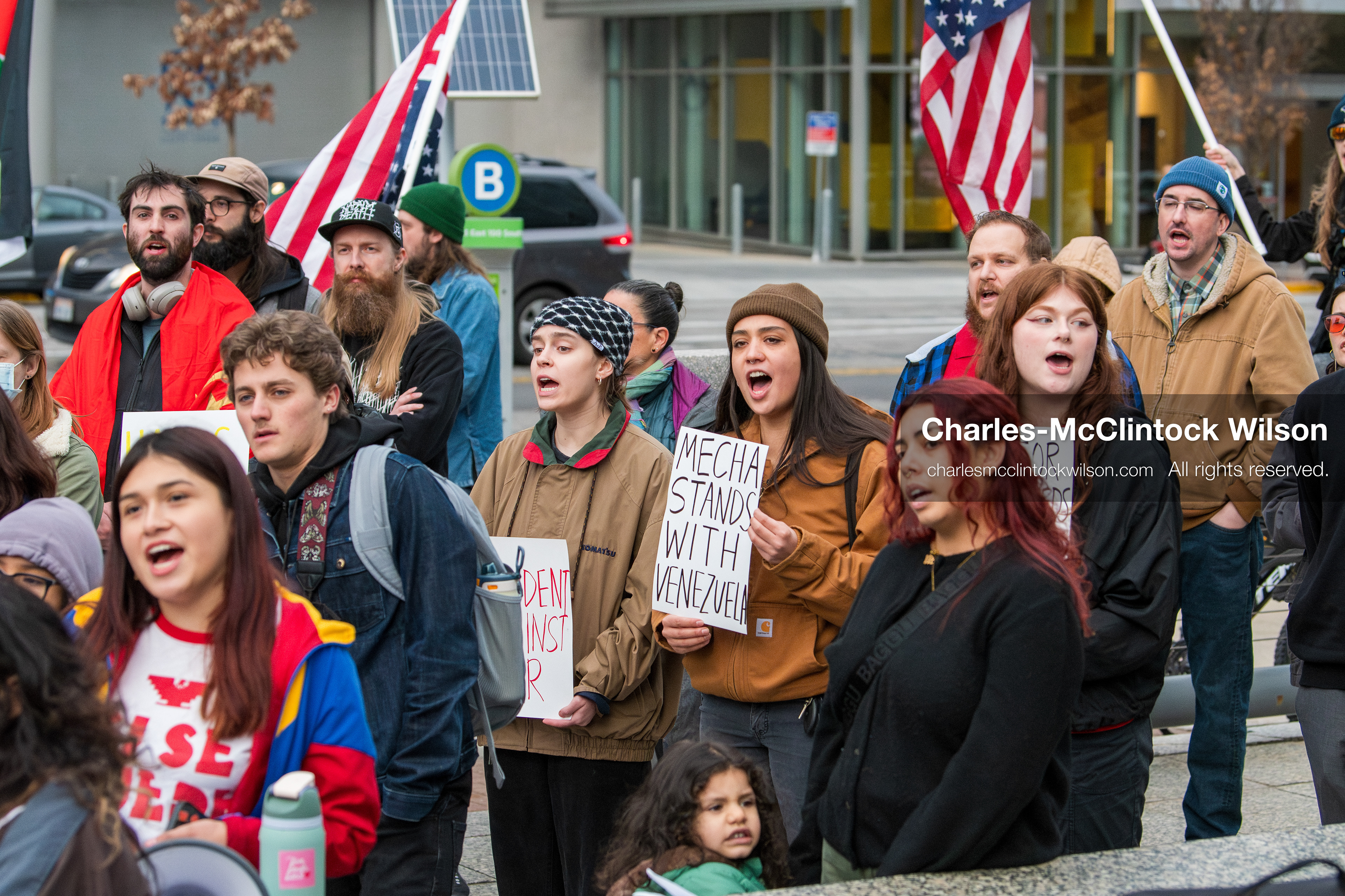 January 3, 2026, Salt Lake City, Utah, USA: Protesters hold signs during an emergency demonstration against US action in Venezuela outside the Wallace Federal Building in Salt Lake City, Utah. The event was part of a nationwide mobilization responding to recent military developments. (Credit Image: (c) Charles‑McClintock Wilson/ZUMA Press Wire)