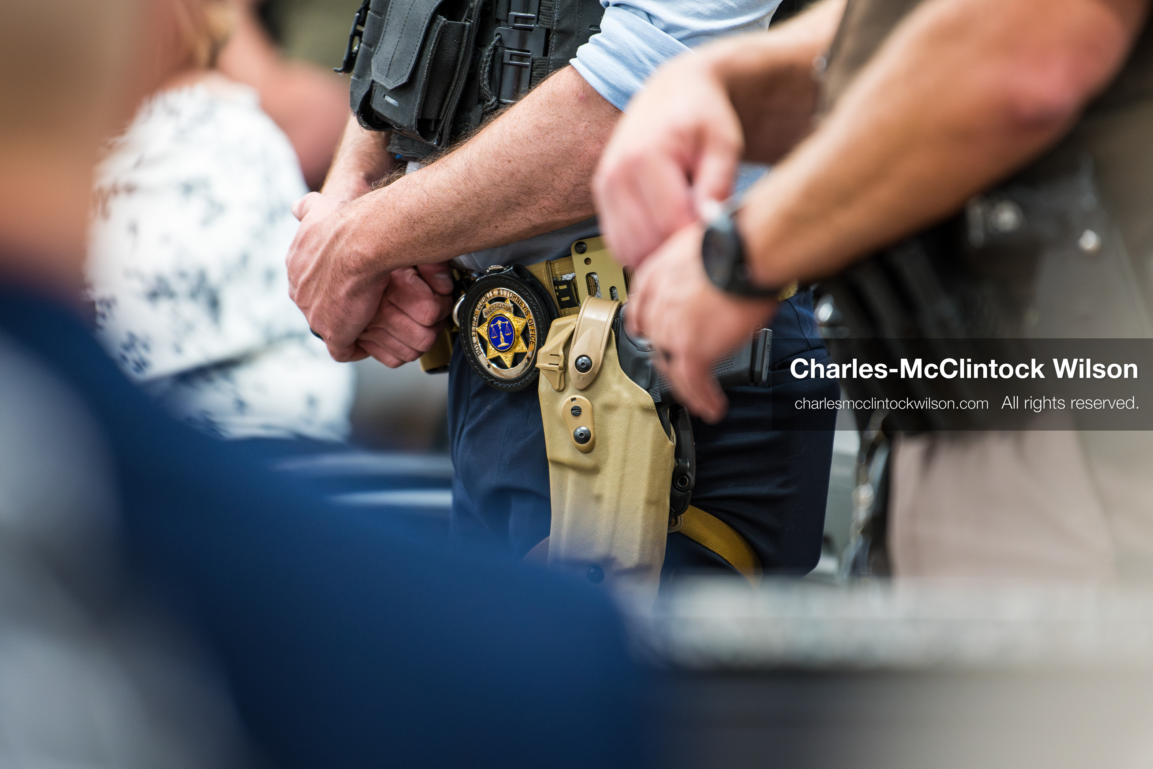 May 13, 2026, Brigham City, Utah, USA: Law enforcement officers stand inside the Box Elder County Justice Center in Brigham City, Utah, during a public meeting over the proposed data‑center project backed by businessman Kevin O’Leary, which has drawn public concern over water use, power demand, and transparency. (Credit Image: © Charles‑McClintock Wilson/ZUMA Press Wire)