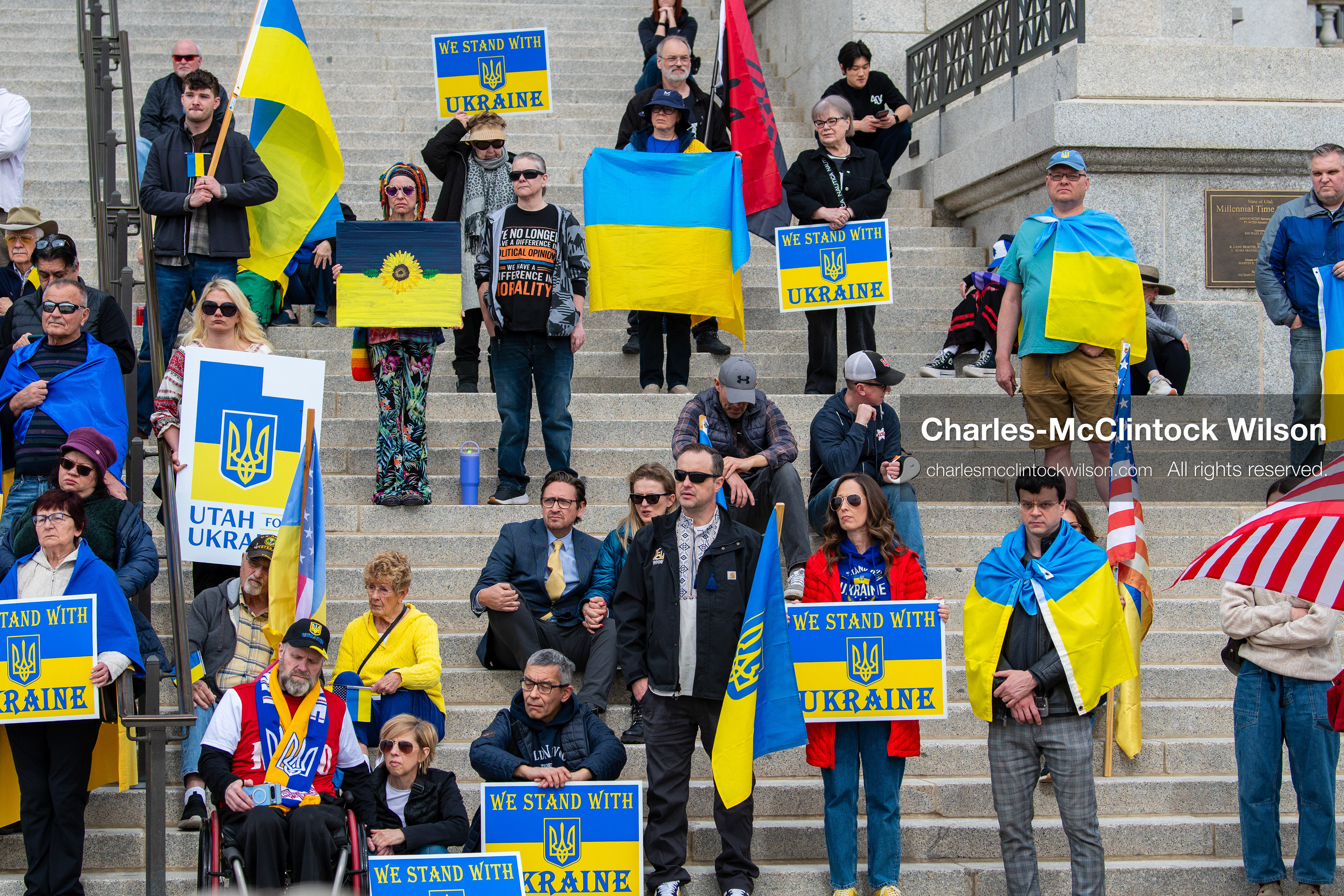 February 28, 2026, Salt Lake City, Utah, USA: Supporters gather on the steps of the Utah State Capitol during the Stand With Ukraine rally marking the four year anniversary of the full scale Russian invasion of Ukraine. Participants hold signs and Ukrainian flags as community members call for continued support for Ukraine and an end to the war. (Credit Image: © Charles McClintock Wilson/ZUMA Press Wire)