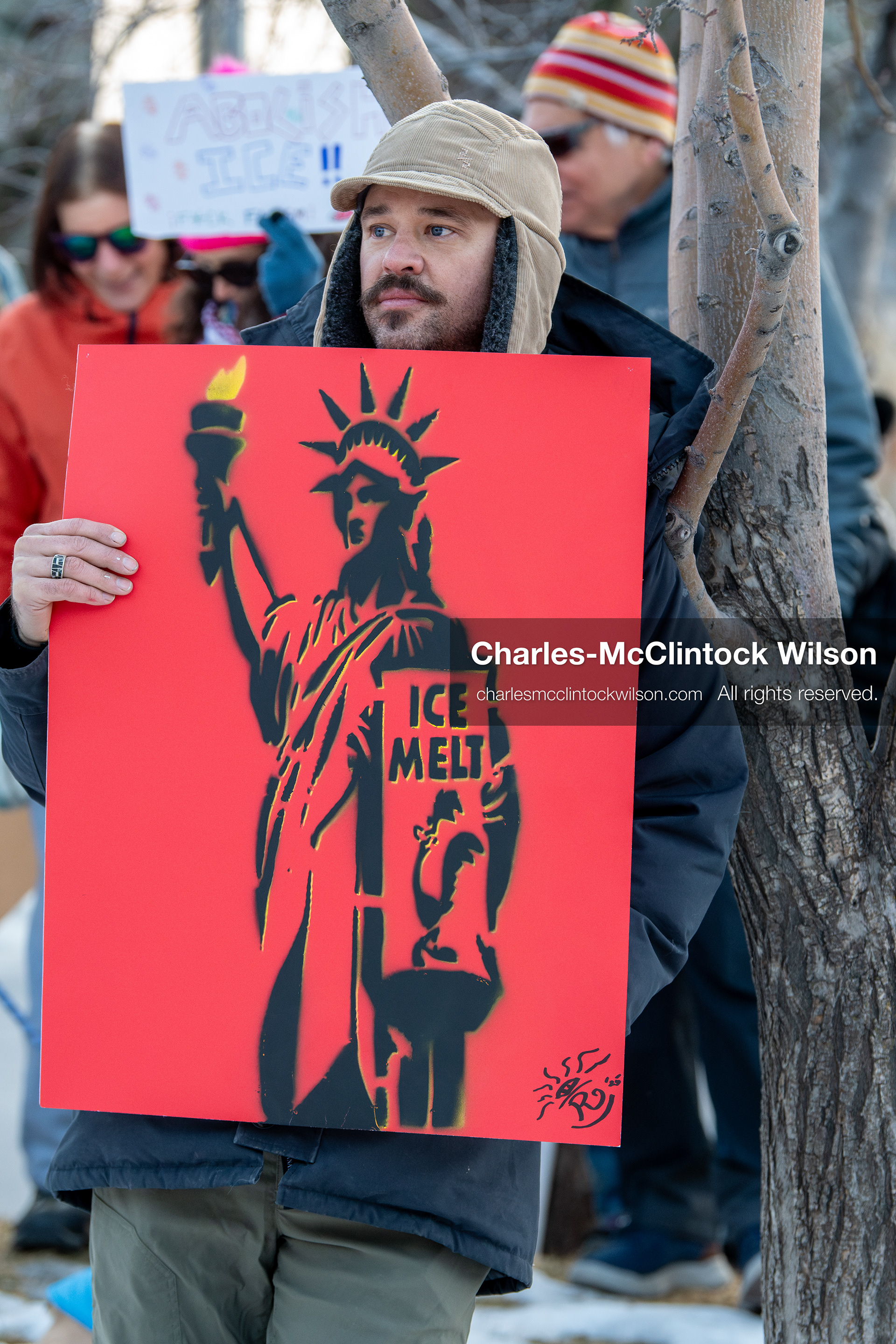 January 26, 2026, Park City, Utah, USA: A demonstrator holds a sign during a protest opposing U.S. Immigration and Customs Enforcement (I.C.E.) ICE agents at Miner's Park on Main Street during the Sundance Film Festival in Park City, Utah, on Monday, Jan. 26, 2026. The event was held in response to the fatal shooting of Alex Pretti by a U.S. Border Patrol officer in Minneapolis. (Credit Image: © Charles McClintock Wilson/ZUMA Press Wire)