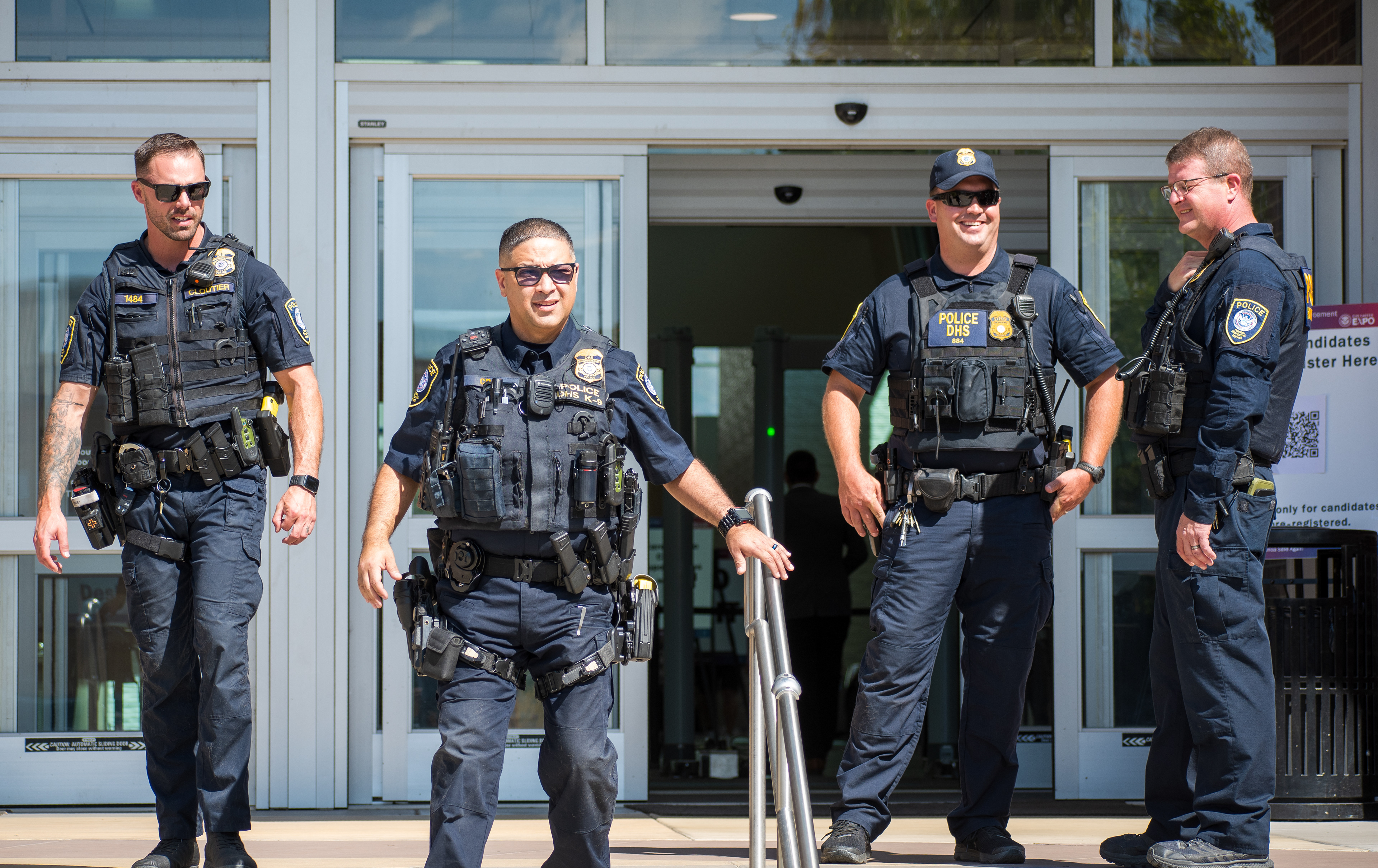 September 15, 2025 – Provo, Utah, United States: Homeland Security police officers stand near the entrance of the Utah Valley Convention Center during a Department of Homeland Security career expo focused on recruiting law enforcement and security personnel. Photograph by Charles‑McClintock Wilson / ZUMA Press Wire