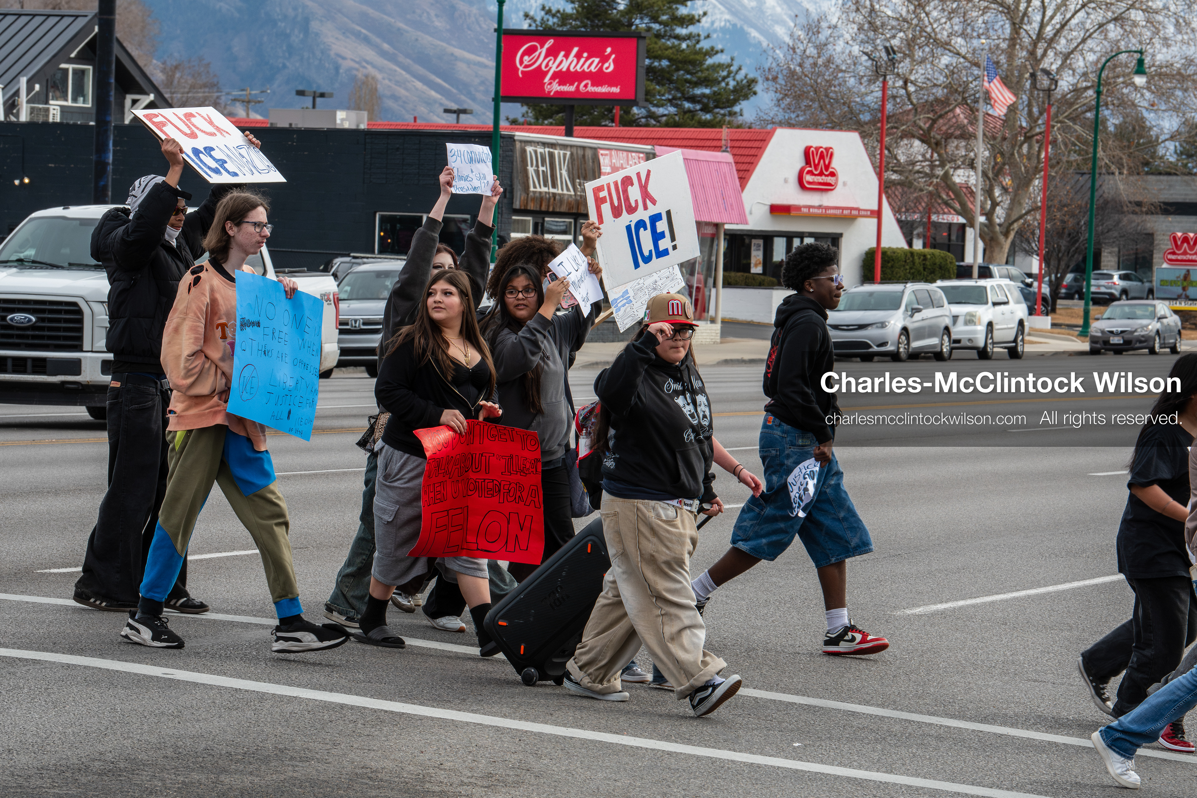 February 11, 2026, Orem, Utah, USA: Students march along State Street during a student‑led protest involving participants from multiple Orem schools. (Credit Image: © Charles‑McClintock Wilson/ZUMA Press Wire)
