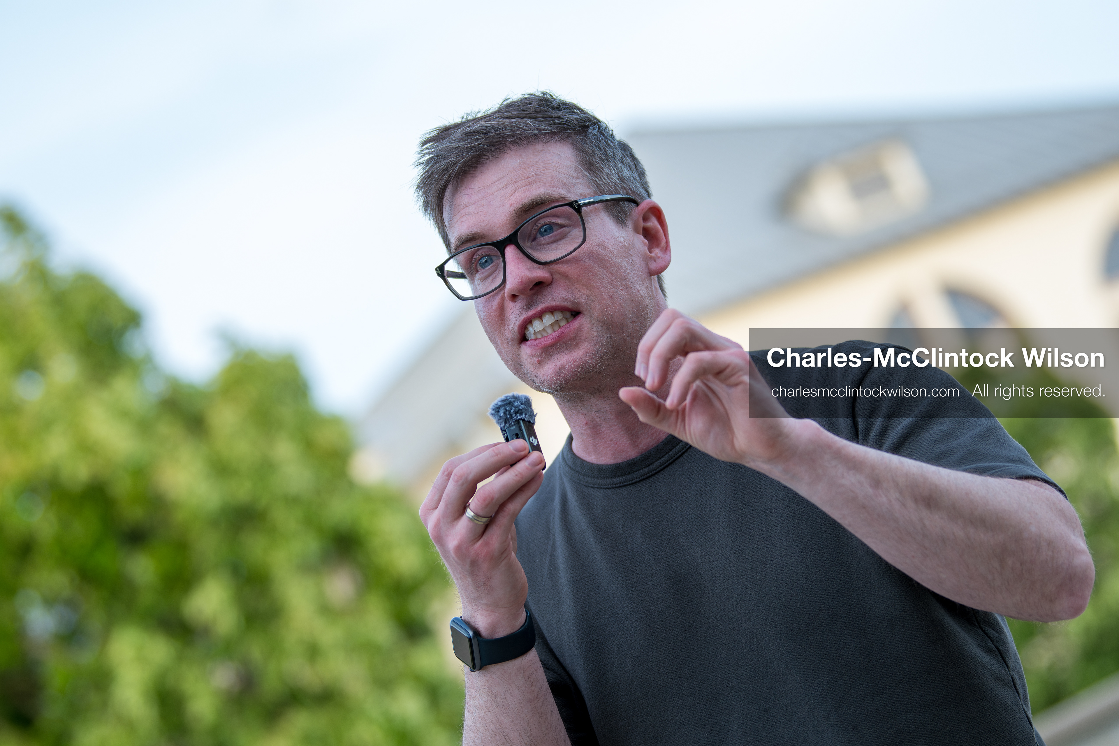 May 13, 2026, Brigham City, Utah, USA: US political satirist and digital creator WALTER MASTERSON speaks to attendees outside the Box Elder County Justice Courthouse in Brigham City, Utah, on May 13, 2026, during a gathering over the proposed data center project backed by businessman Kevin O'Leary, which has drawn public concern over water use, power demand, and transparency. (Credit Image: © Charles-McClintock Wilson/ZUMA Press Wire)