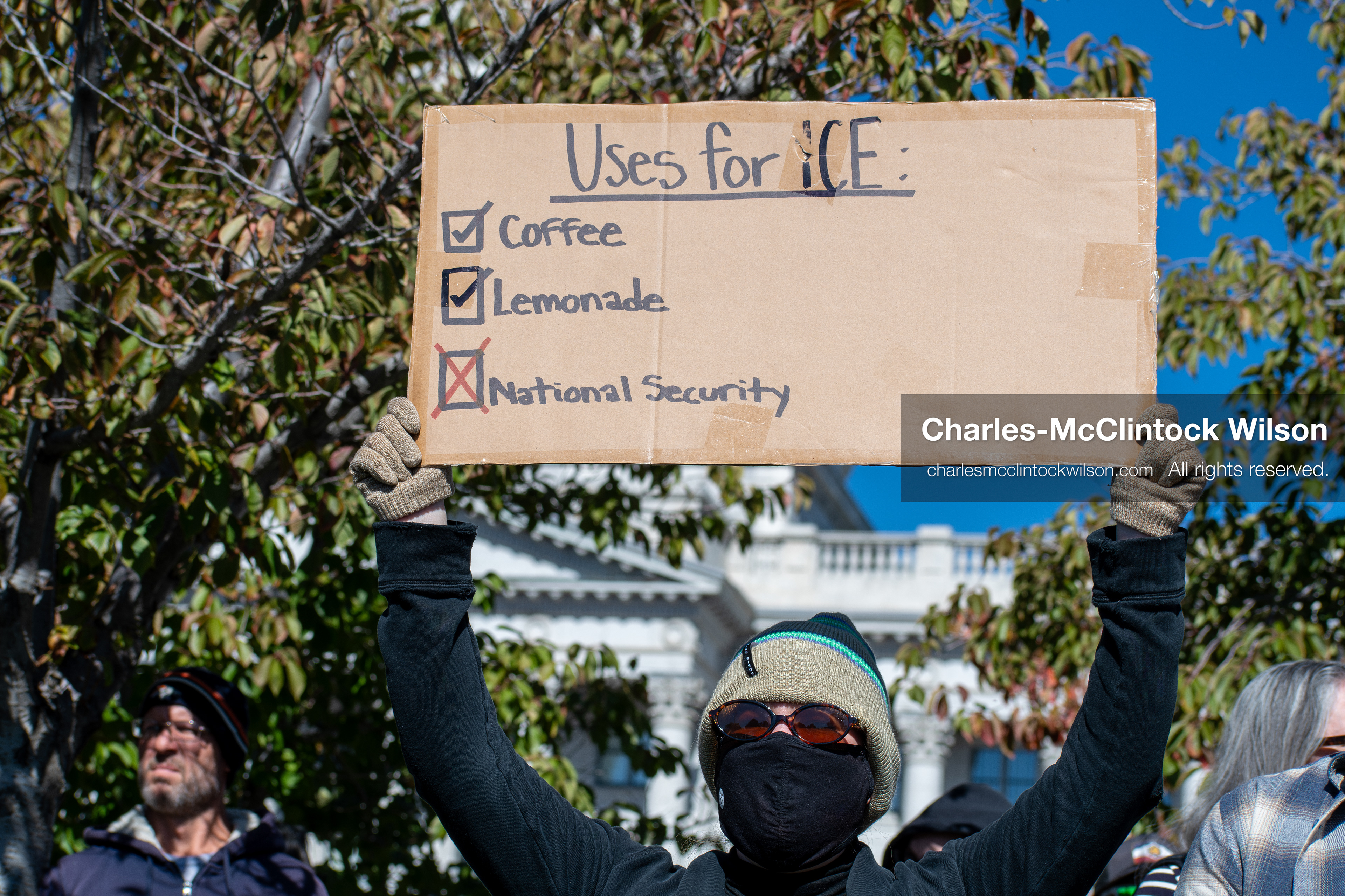 October 18, 2025, Salt Lake City, Utah, USA: A demonstrator raises a placard during a "No Kings" protest held at the Utah State Capitol. Other participants and signs are visible in the background during the public gathering.
