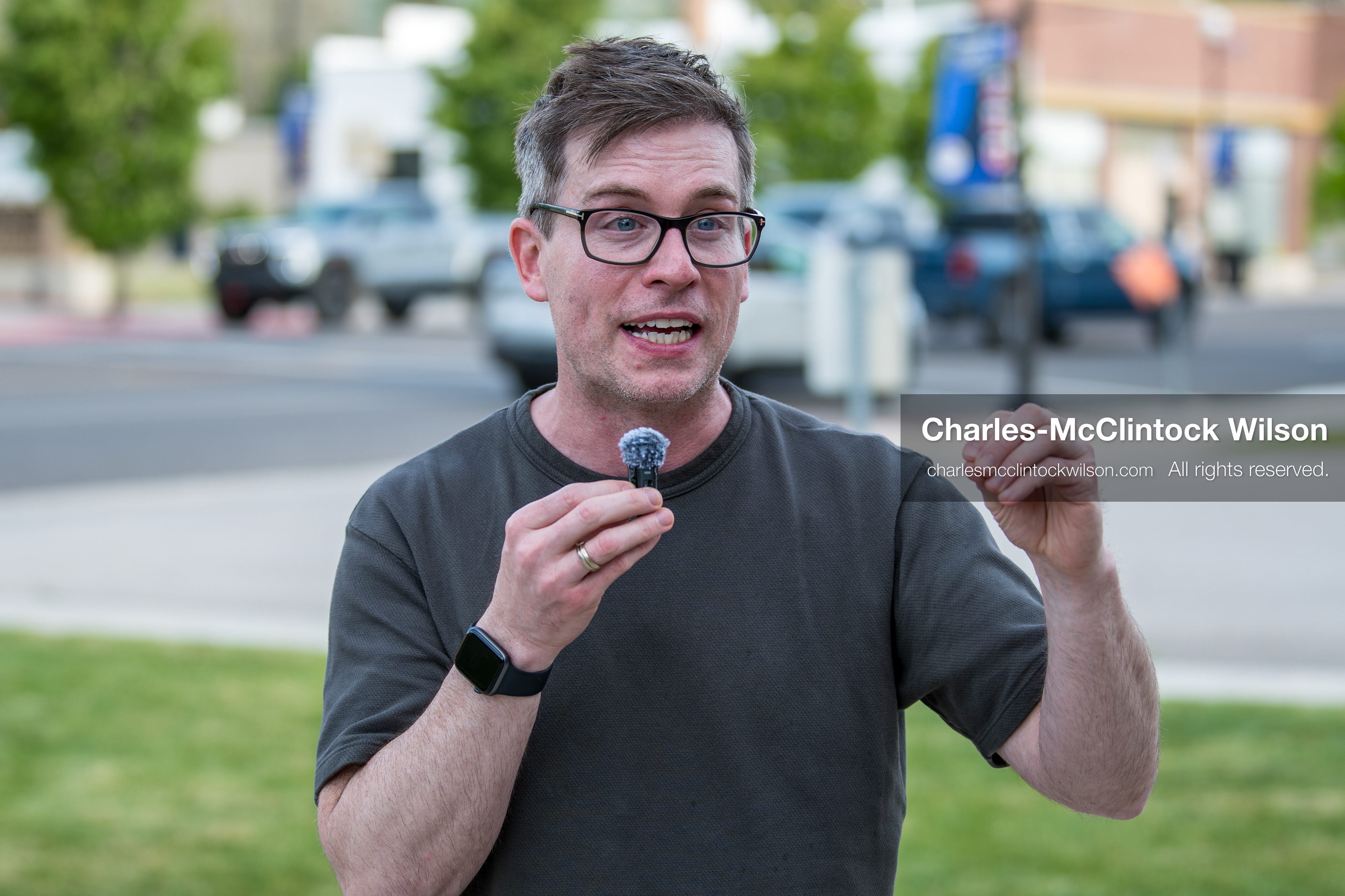 May 13, 2026, Brigham City, Utah, USA: US political satirist and digital creator WALTER MASTERSON speaks to attendees outside the Box Elder County Justice Courthouse in Brigham City, Utah, on May 13, 2026, during a gathering over the proposed data center project backed by businessman Kevin O'Leary, which has drawn public concern over water use, power demand, and transparency. (Credit Image: © Charles-McClintock Wilson/ZUMA Press Wire)
