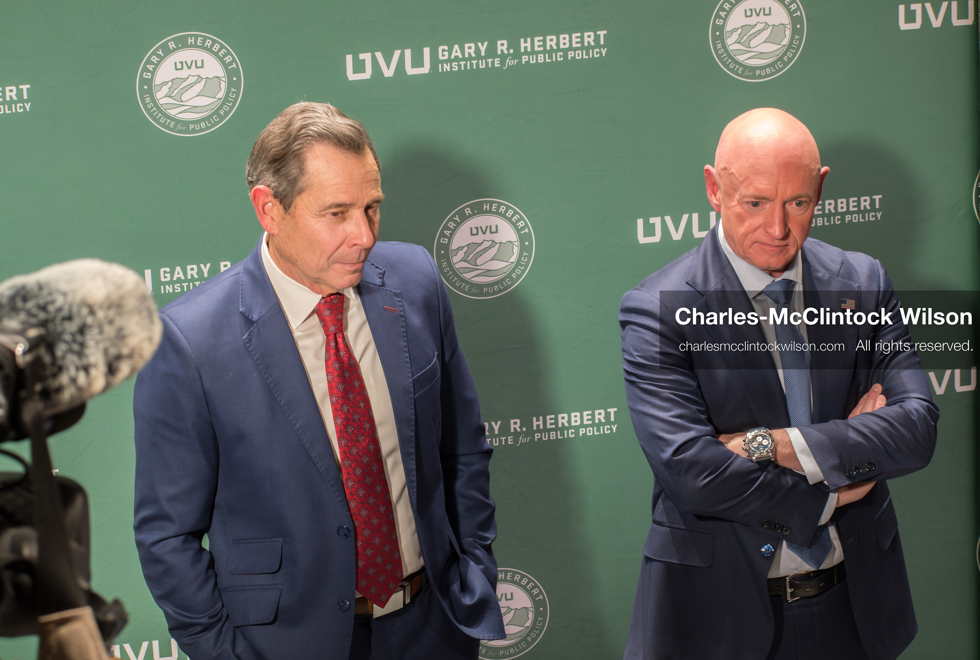 November 12, 2025, Orem, Utah, USA: Senators John Curtis (R–UT) and Mark Kelly (D–AZ) address members of the press following the Senators Modeling Civility forum hosted by the Gary R. Herbert Institute for Public Policy at Utah Valley University. The event, held at the Noorda Center for the Performing Arts, featured a bipartisan dialogue moderated by CNN anchor Dana Bash. The discussion emphasized respectful civic engagement and institutional restraint following the assassination of conservative activist Charlie Kirk. (Credit Image: © Charles-McClintock Wilson/ZUMA Press Wire)