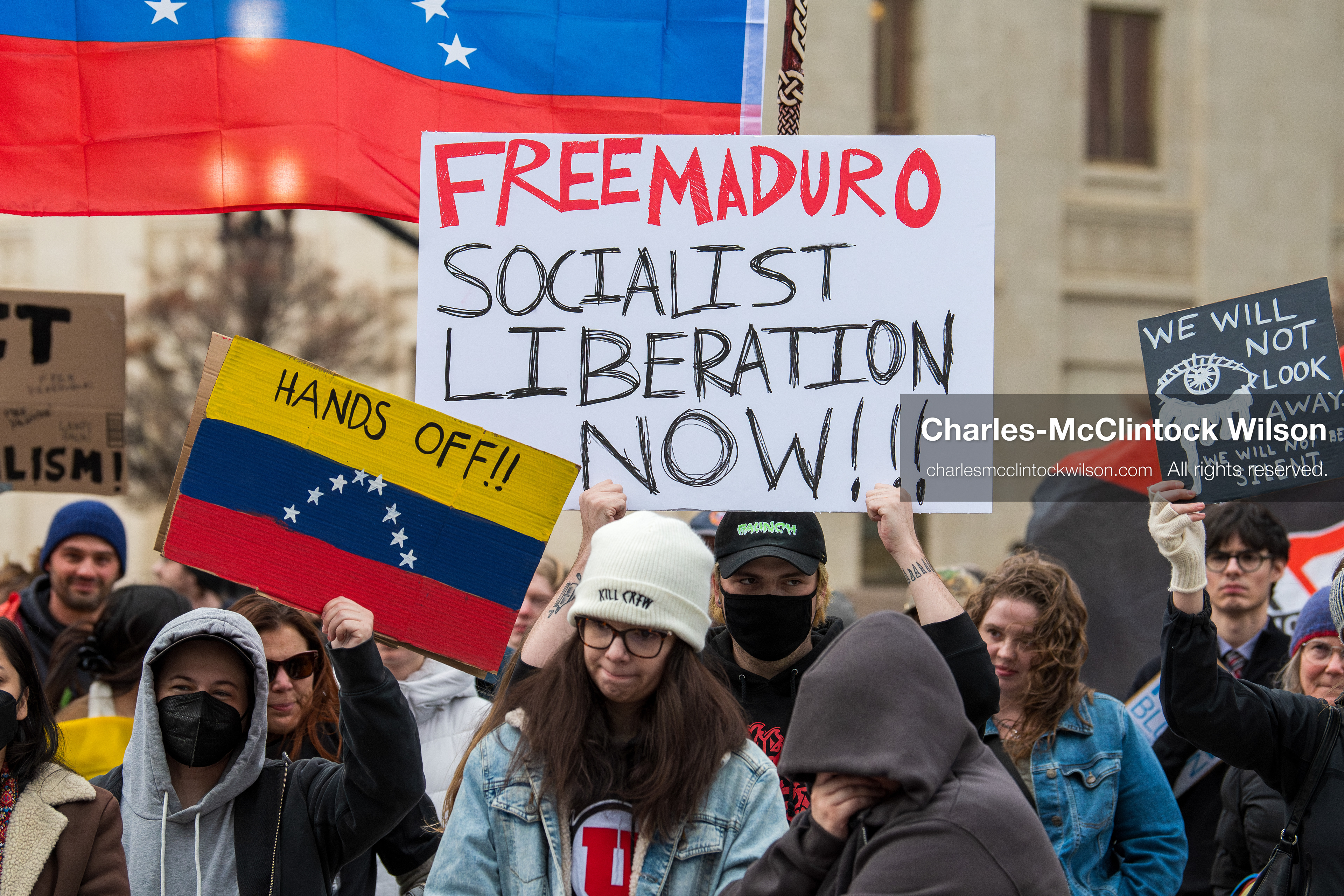 January 3, 2026, Salt Lake City, Utah, USA: Protesters hold signs during an emergency demonstration against US action in Venezuela outside the Wallace Federal Building in Salt Lake City, Utah. The event was part of a nationwide mobilization responding to recent military developments. (Credit Image: (c) Charles‑McClintock Wilson/ZUMA Press Wire)