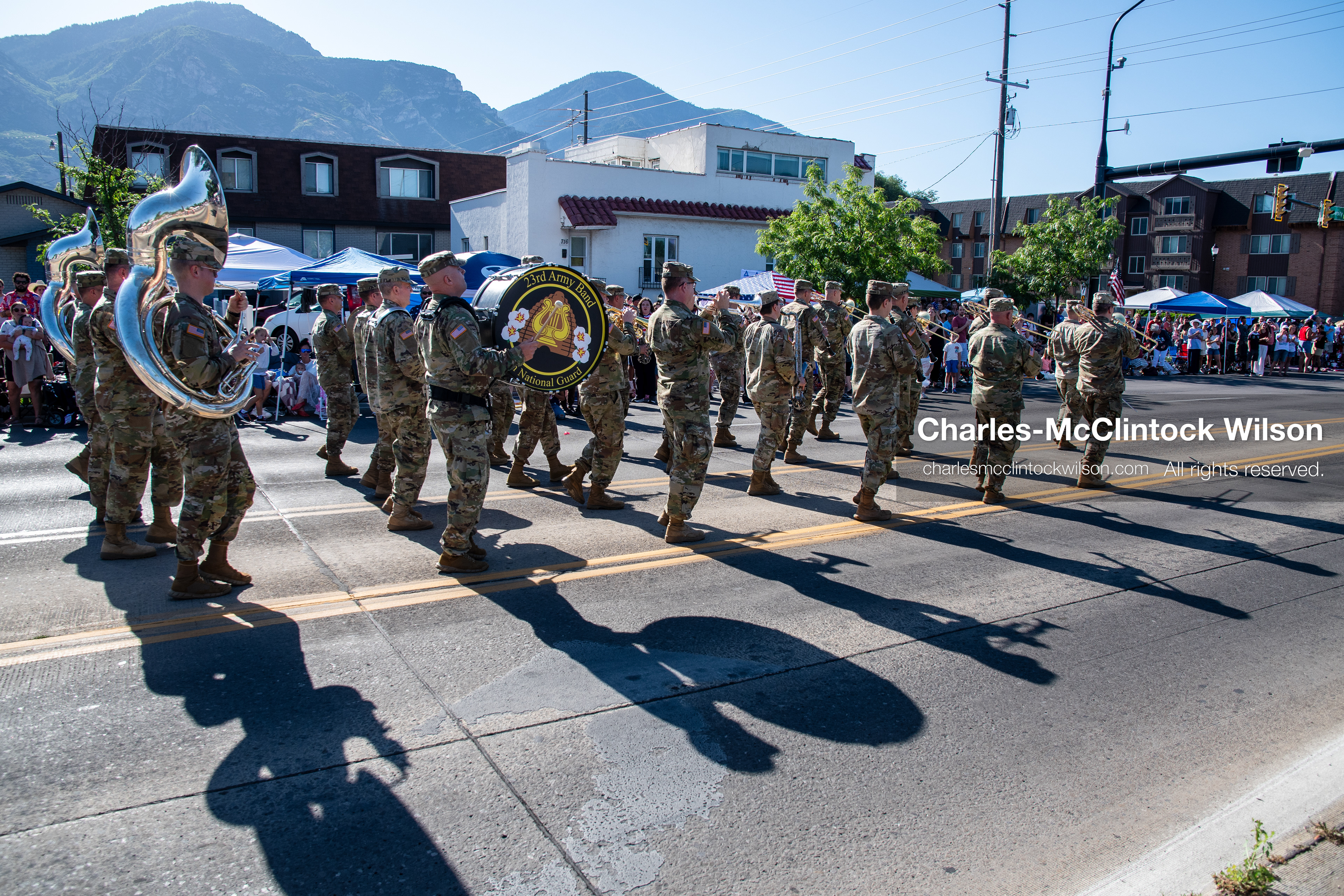  July 4, 2026, Provo, Utah, USA: Members of the Utah National Guard military marching band play brass and percussion instruments while marching down the street during America's Freedom Festival Grand Parade in Provo, Utah, Saturday, July 4, 2026. The annual Independence Day event features expanded programming to honor the 250th anniversary of United States independence. (Credit Image: © Charles-McClintock Wilson/ZUMA Press Wire)
