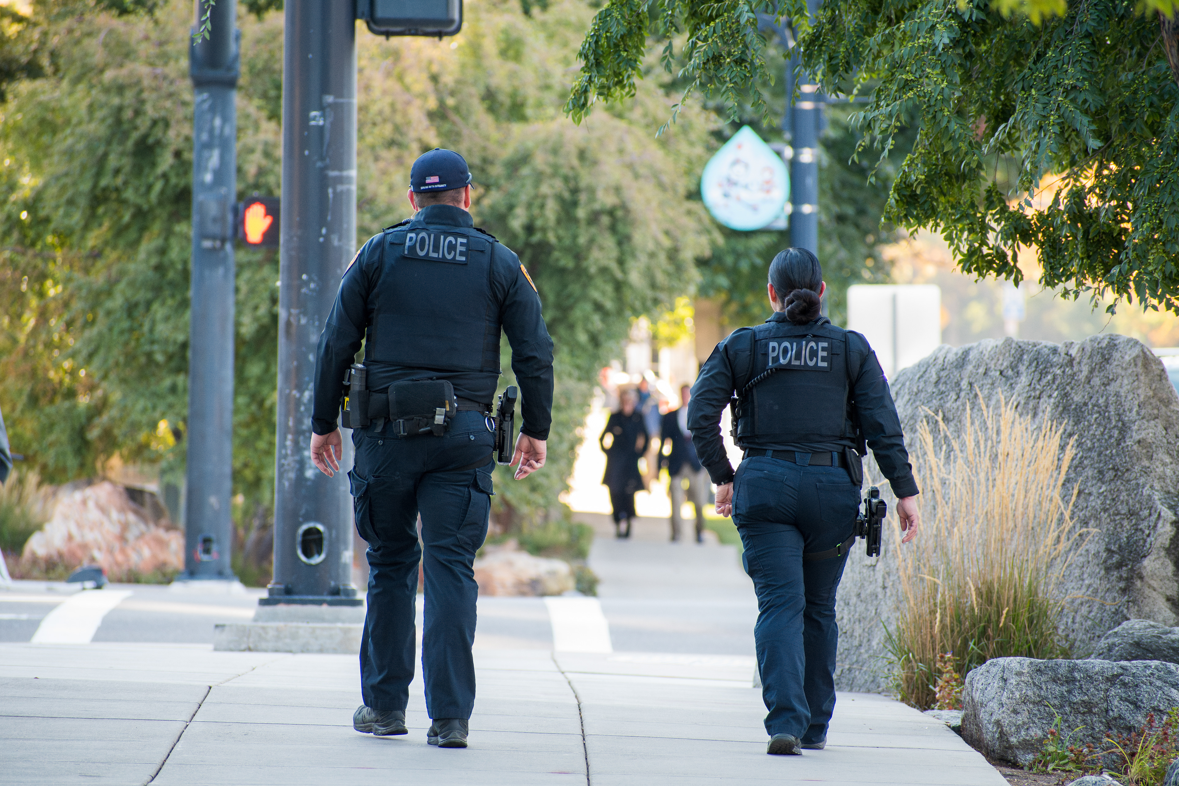 October 6, 2025, Salt Lake City, Utah, USA: Police officers patrol near the Conference Center during the public viewing for Russell M. Nelson, the 17th president of the Church of Jesus Christ of Latter-day Saints. Nelson died at his home in Salt Lake City, Utah, on September 27, 2025, at the age of 101. (Credit Image: © Charles-McClintock Wilson/ZUMA Press Wire)
