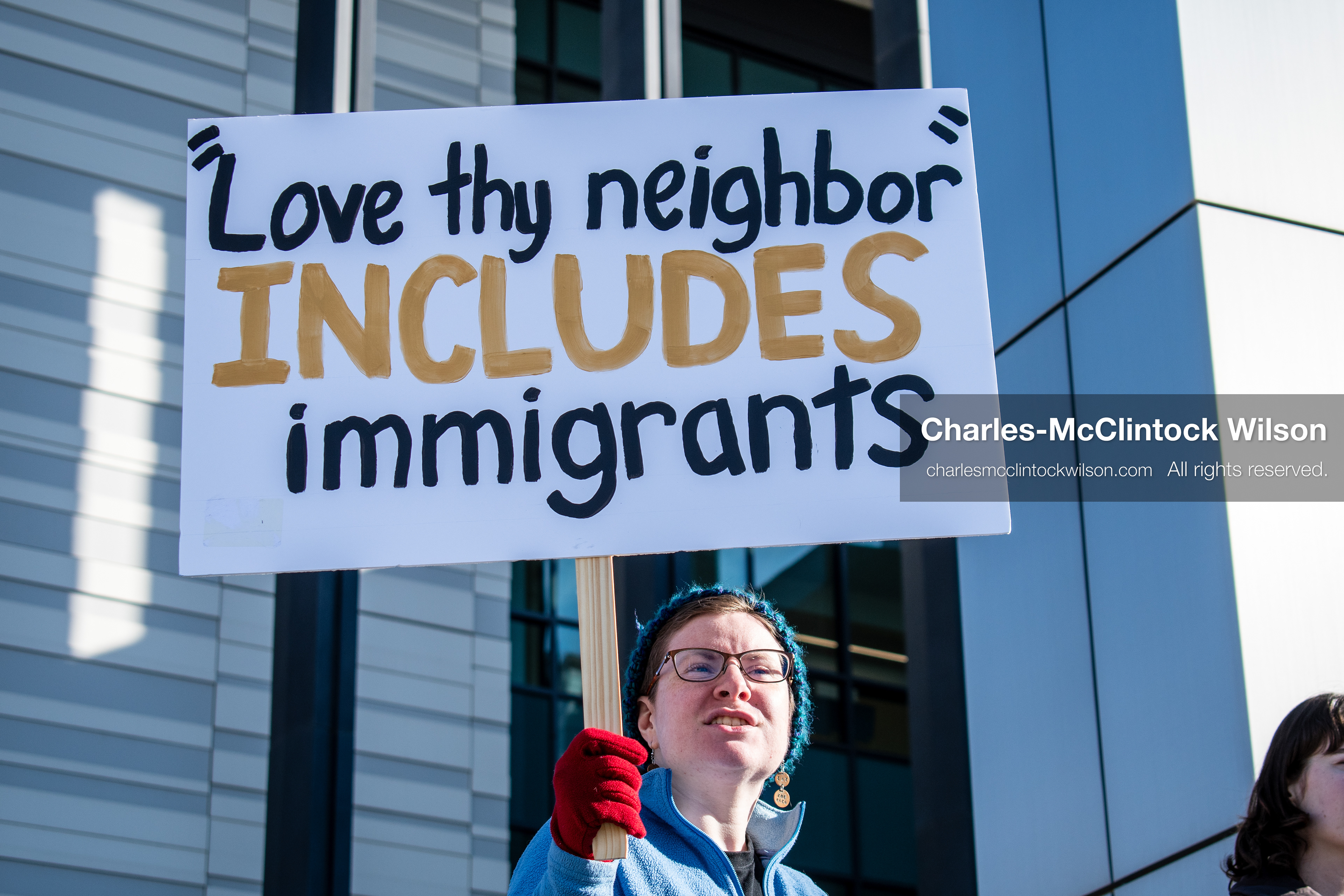 January 20, 2026, Provo, Utah, USA: A demonstrator holds a sign reading Love thy neighbor includes immigrants during the Free America Walkout outside Provo City Hall in Provo Utah on January 20 2026. The nationwide protest called for justice and immigration reform. (Credit Image: © Charles-McClintock Wilson/ZUMA Press Wire)