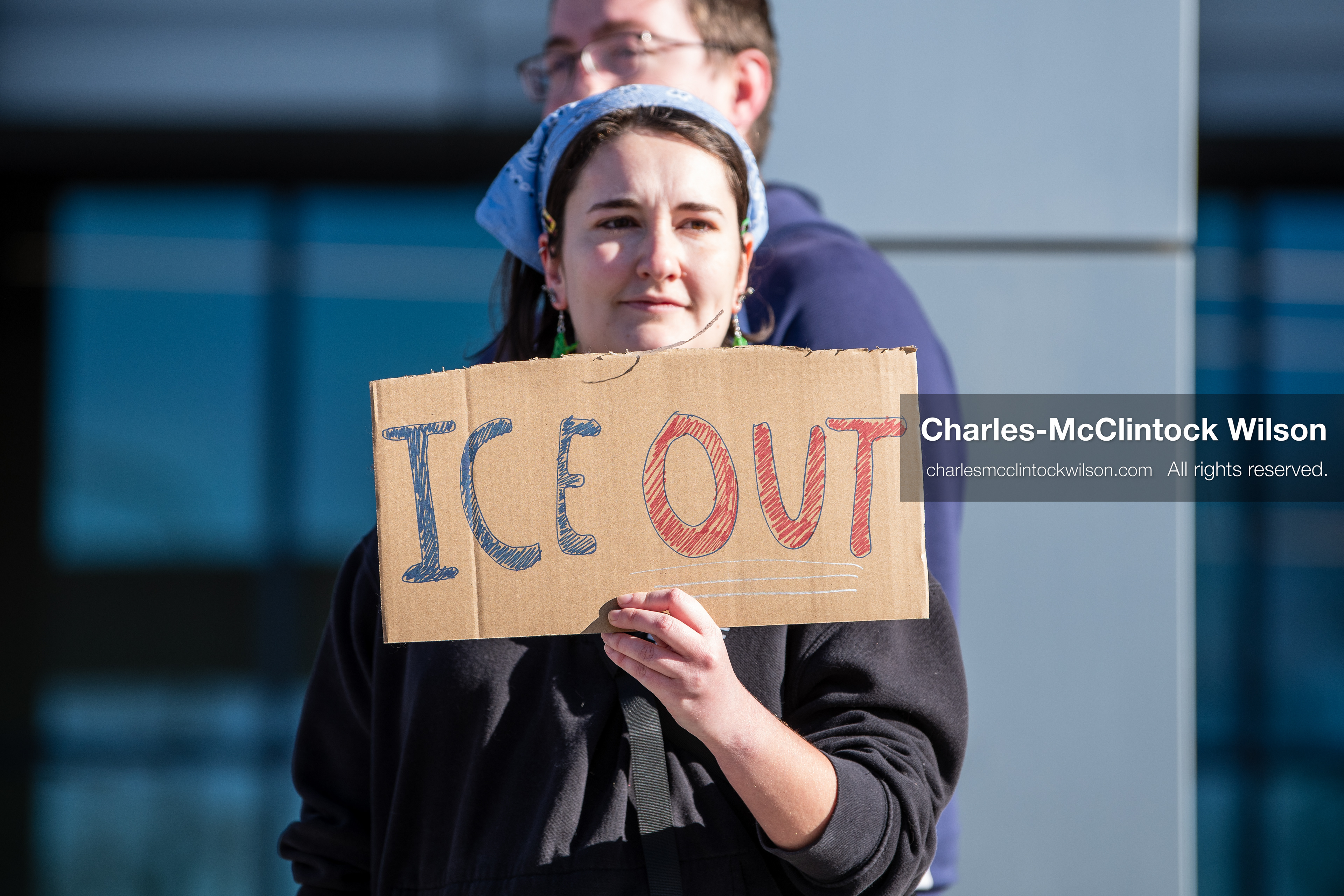 January 20, 2026, Provo, Utah, USA: A demonstrator stands outside Provo City Hall during the Free America Walkout protest in Provo Utah on January 20 2026. The nationwide event called for immigration reform and changes to detention practices. 