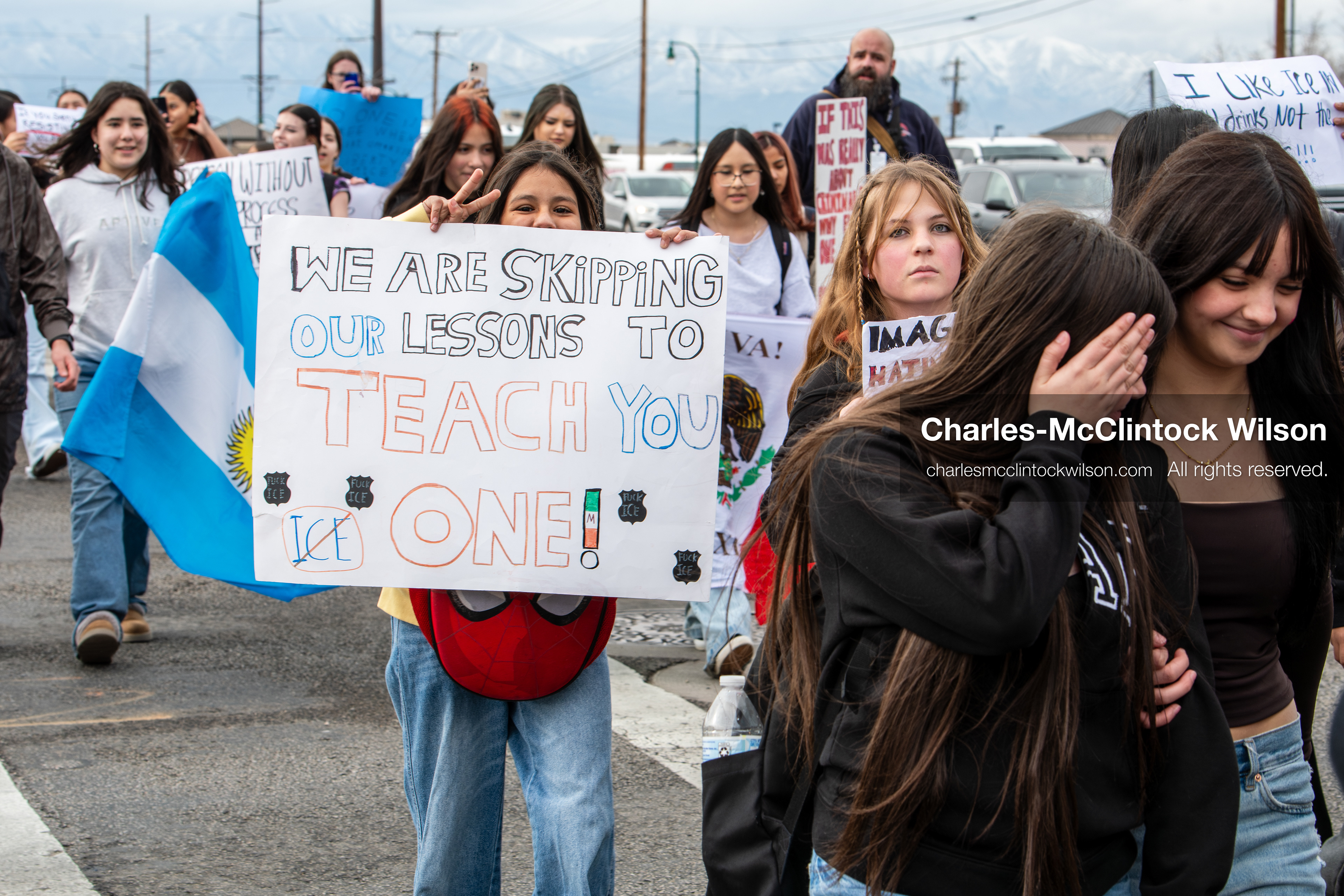 February 11, 2026, Orem, Utah, USA: Students march along State Street during a student‑led protest involving participants from multiple Orem schools. (Credit Image: © Charles‑McClintock Wilson/ZUMA Press Wire)
