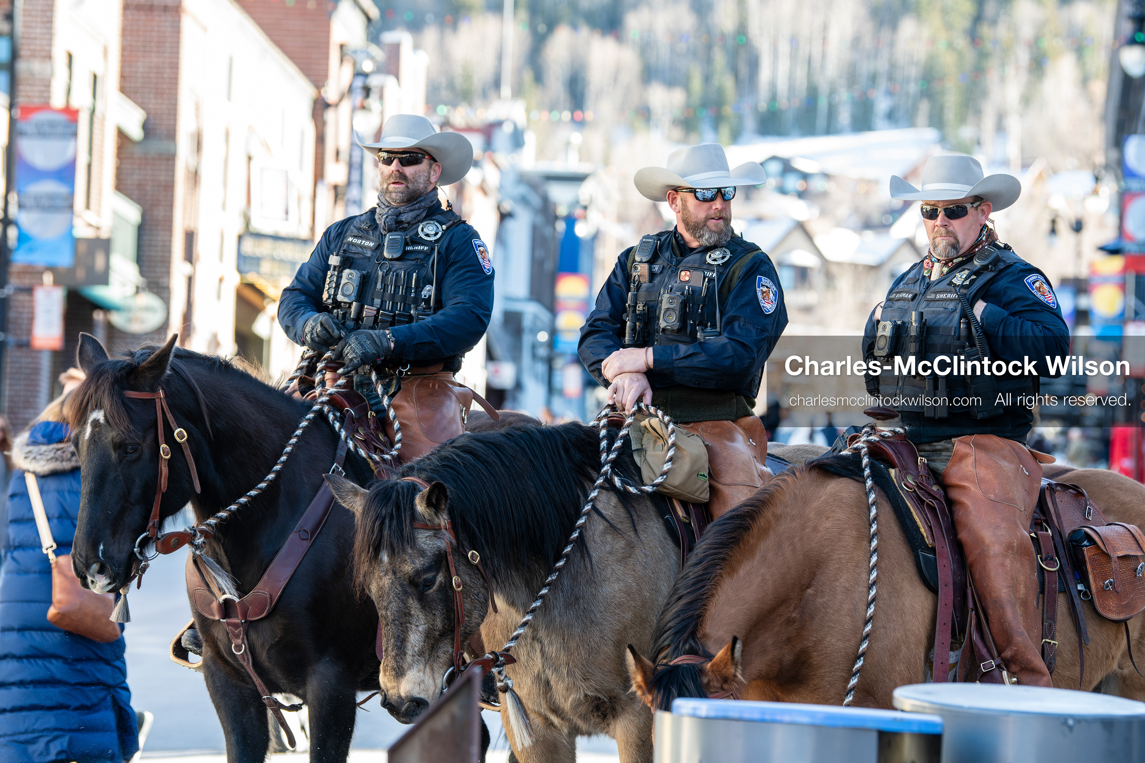  January 26, 2026, Park City, Utah, USA: Mounted law enforcement officers patrol Main Street during a protest opposing U.S. Immigration and Customs Enforcement (I.C.E.) ICE agents at the Sundance Film Festival in Park City, Utah, on Monday, Jan. 26, 2026. The event was held in response to the fatal shooting of Alex Pretti by a U.S. Border Patrol officer in Minneapolis. (Credit Image: © Charles McClintock Wilson/ZUMA Press Wire)